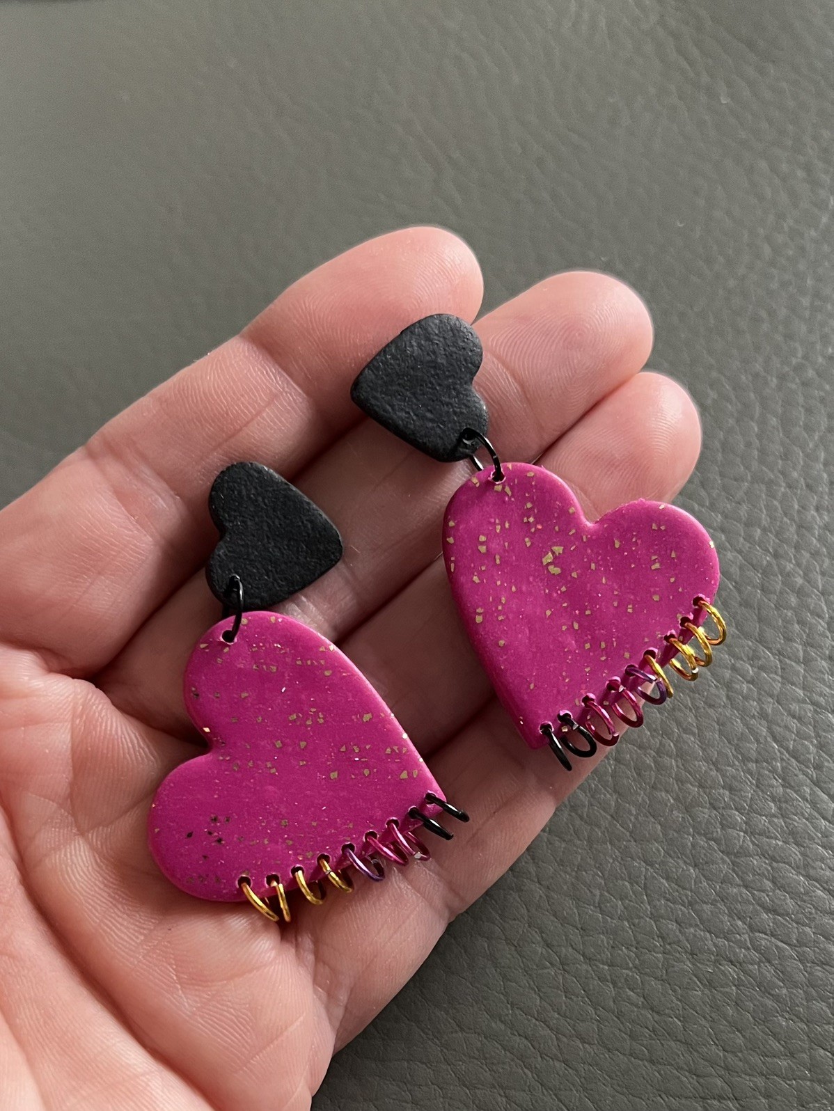 Magenta & Black Heart Earrings – Rock Style Handmade Polymer Clay Earrings