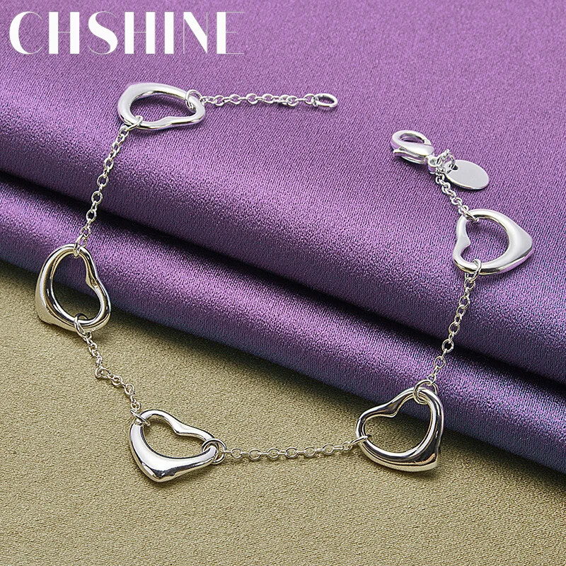 CHSHINE 925 Sterling Silver Five Heart Bracelet Fashion Charm Jewelry 8inches