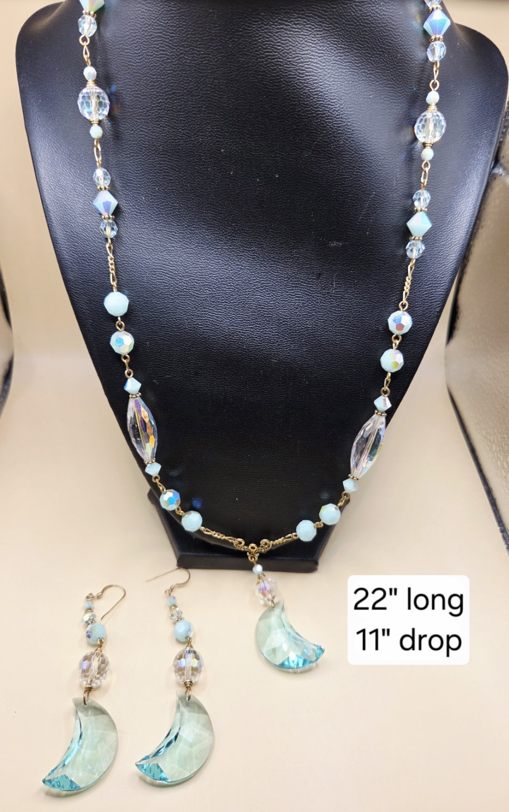 Necklace Set Glass Crystal W Match Pierced Earr Coastal Blue Moon 22″ 0094
