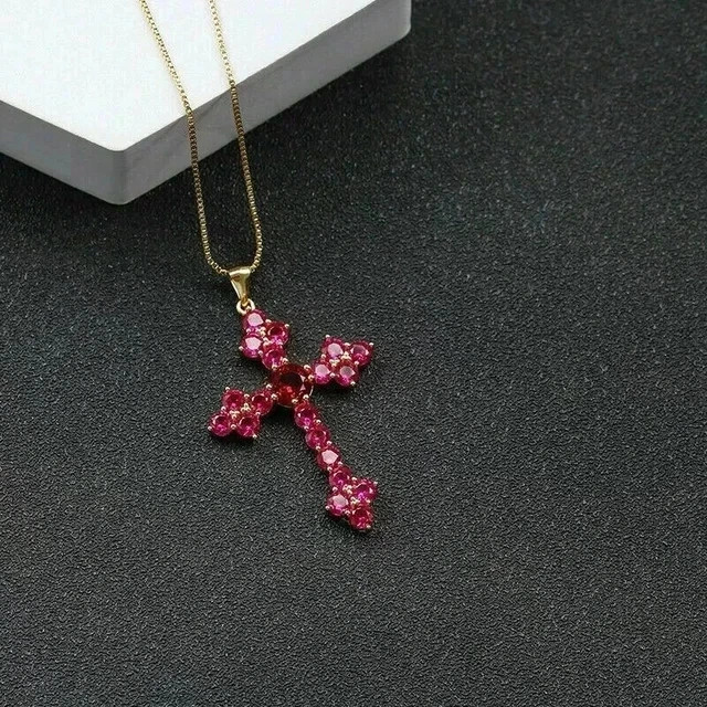 2Ct Round Cut Simulated Red Ruby Cross Pendant in 14K Yellow Gold Plated