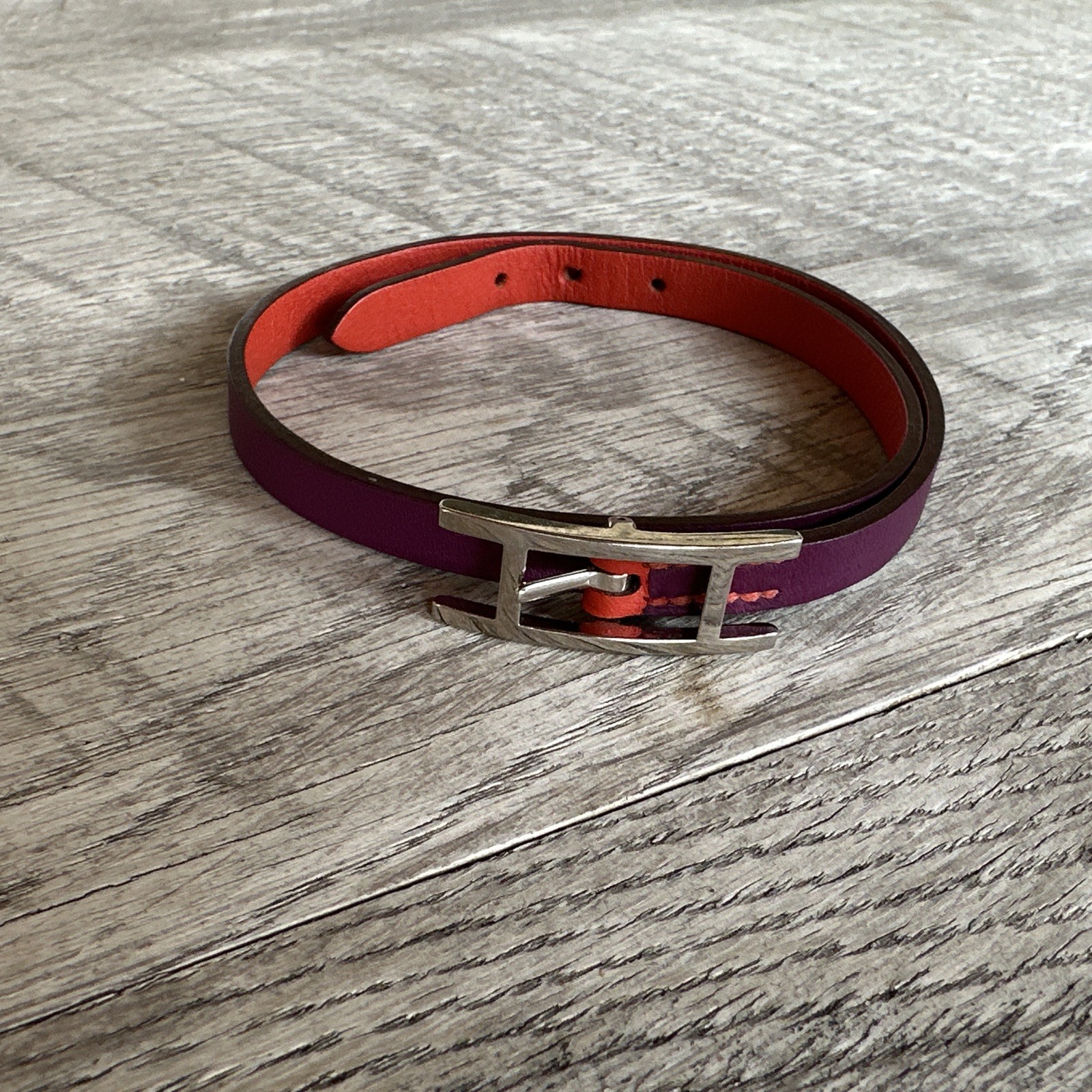 Hermes Double Tour Reversible Bracelet Purple/Orange Leather Silver Palladium