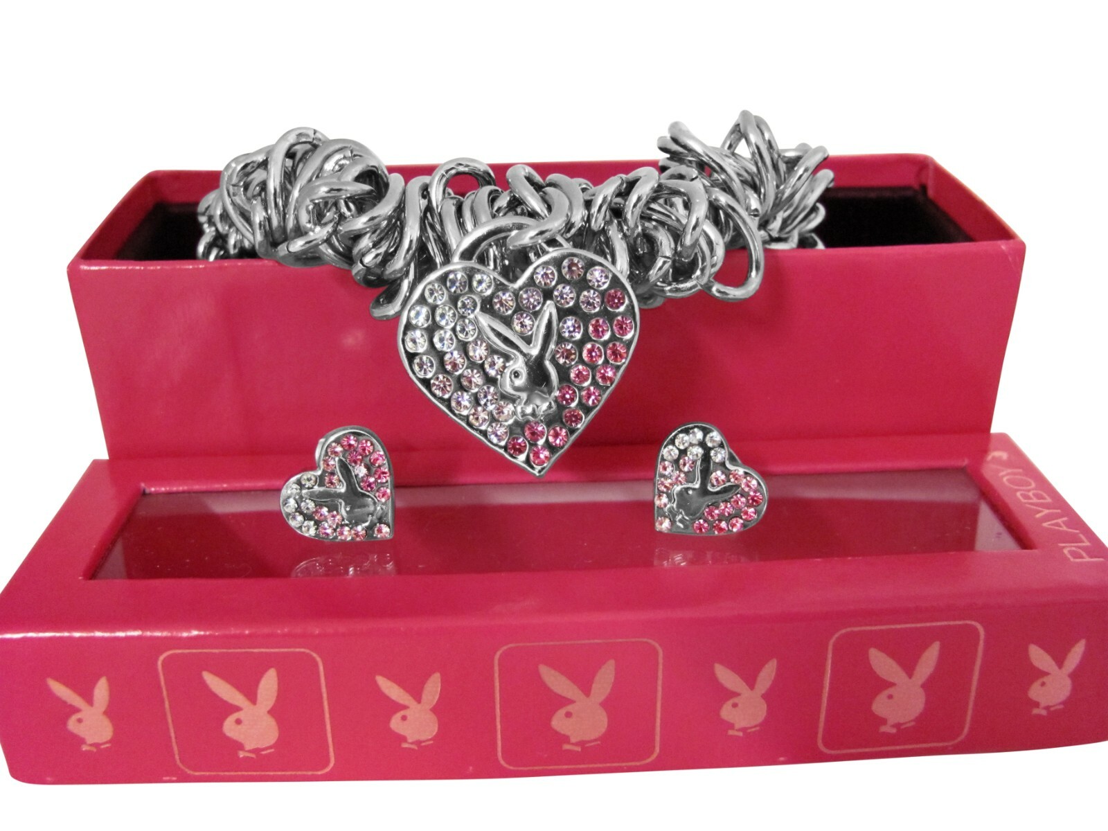 Playboy Jewelry Set Bracelet Earrings Bunny Heart Charm Play Boy y2k Deadstock x