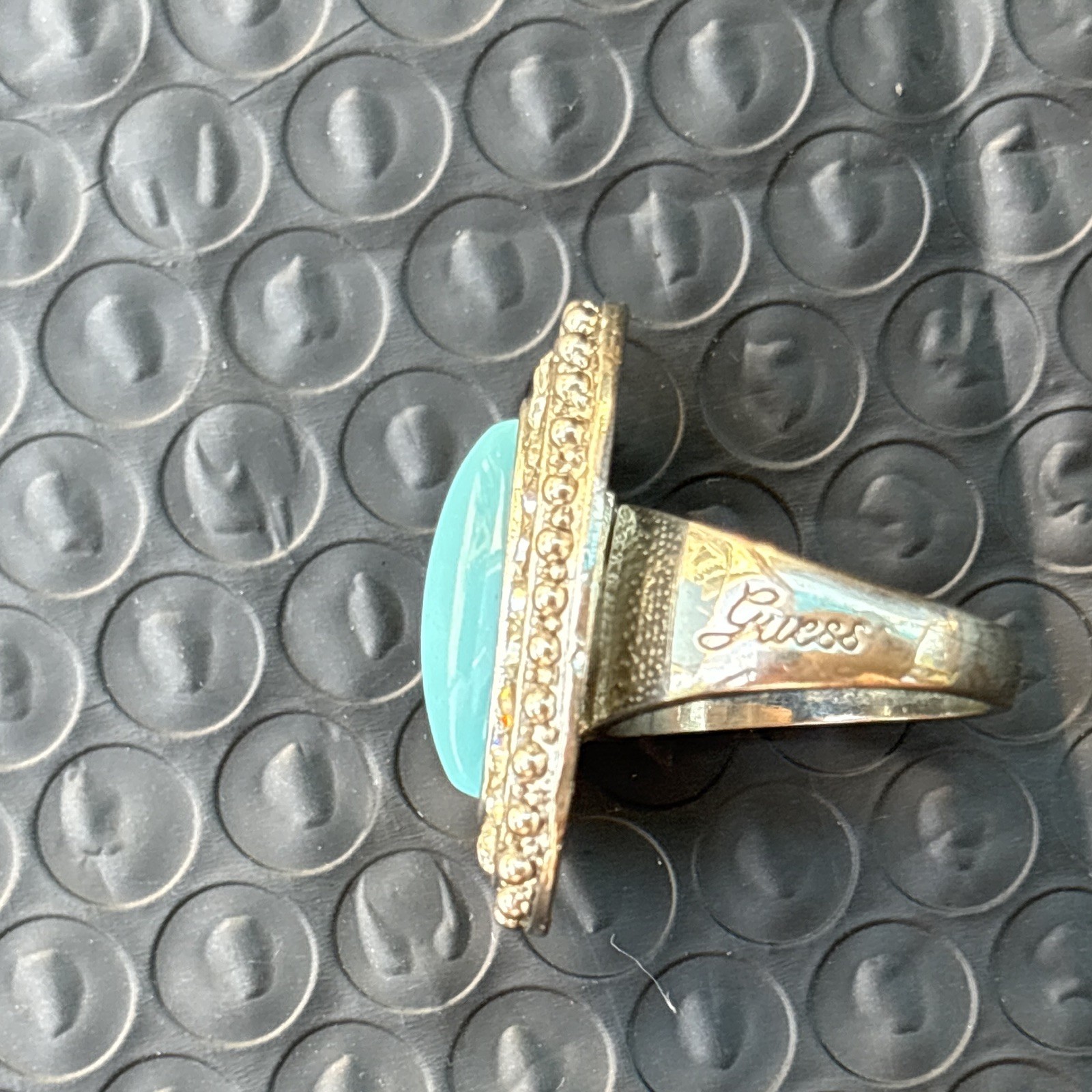 GUESS Signed Silver Tone Blue Oval Stone Halo Rhinestone Cocktail Ring Sz 6