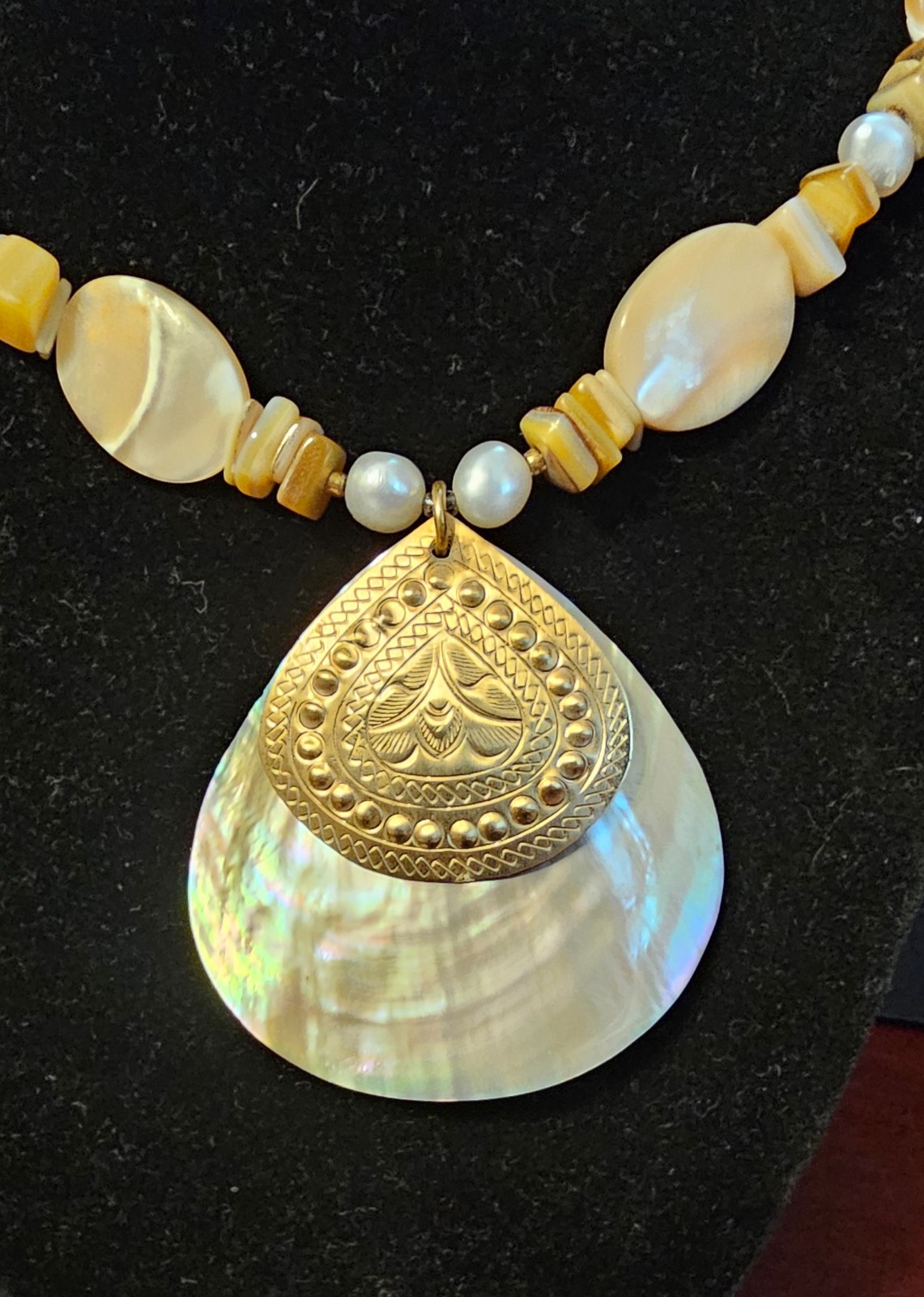 2 Large Mother of Pearl Seashell Necklaces w/Carved, Gilded & Stamped Components