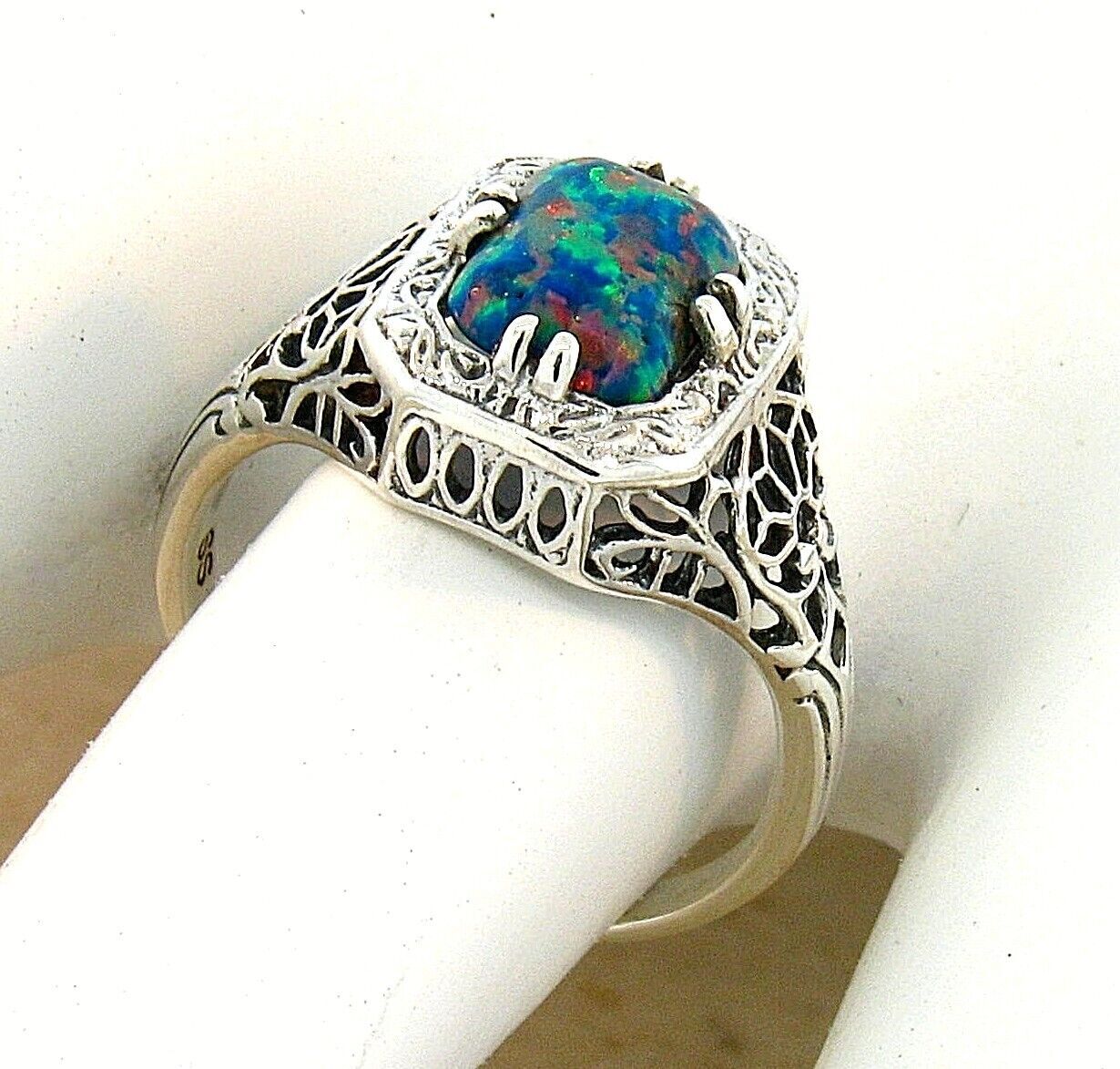 VINTAGE STYLE 925 STERLING SILVER LAB-CREATED BLACK OPAL FILIGREE RING #686
