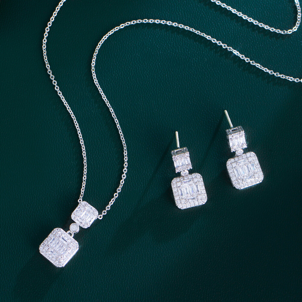 Dazzling Baguette White CZ Earrings Pendant Necklace Bridal Costume Jewelry Set