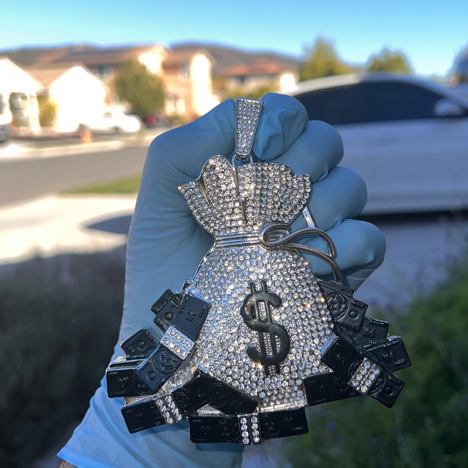 Huge Money Bag Jumbo Hip Hop Pendant Dollar Sign Iced Bling Out CZ Silver Tone