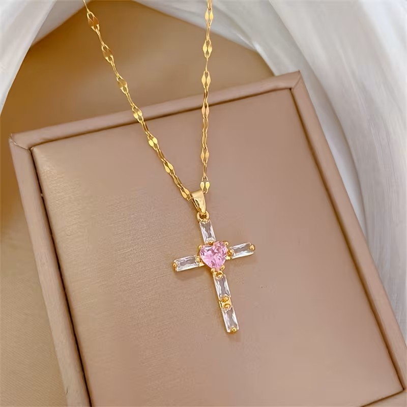 Gold Tone Cross Necklace Pink Heart Crystal Pendant Faith Christian Jewelry Gift