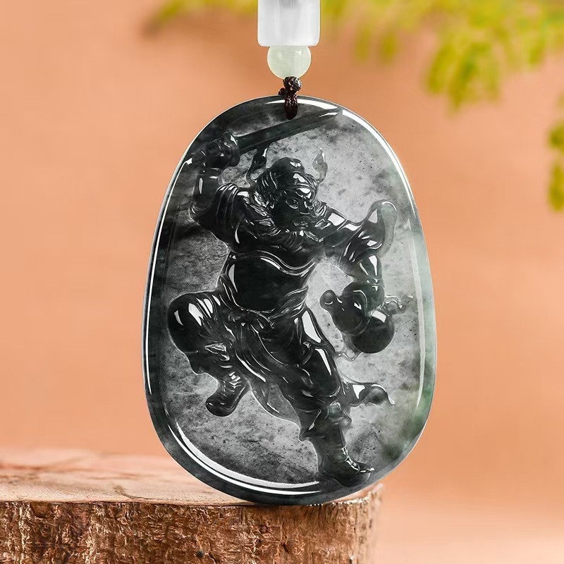 Real Grade A Natural Black Jade Jadeite Zhongkui Oblong Amulet Pendant Necklace