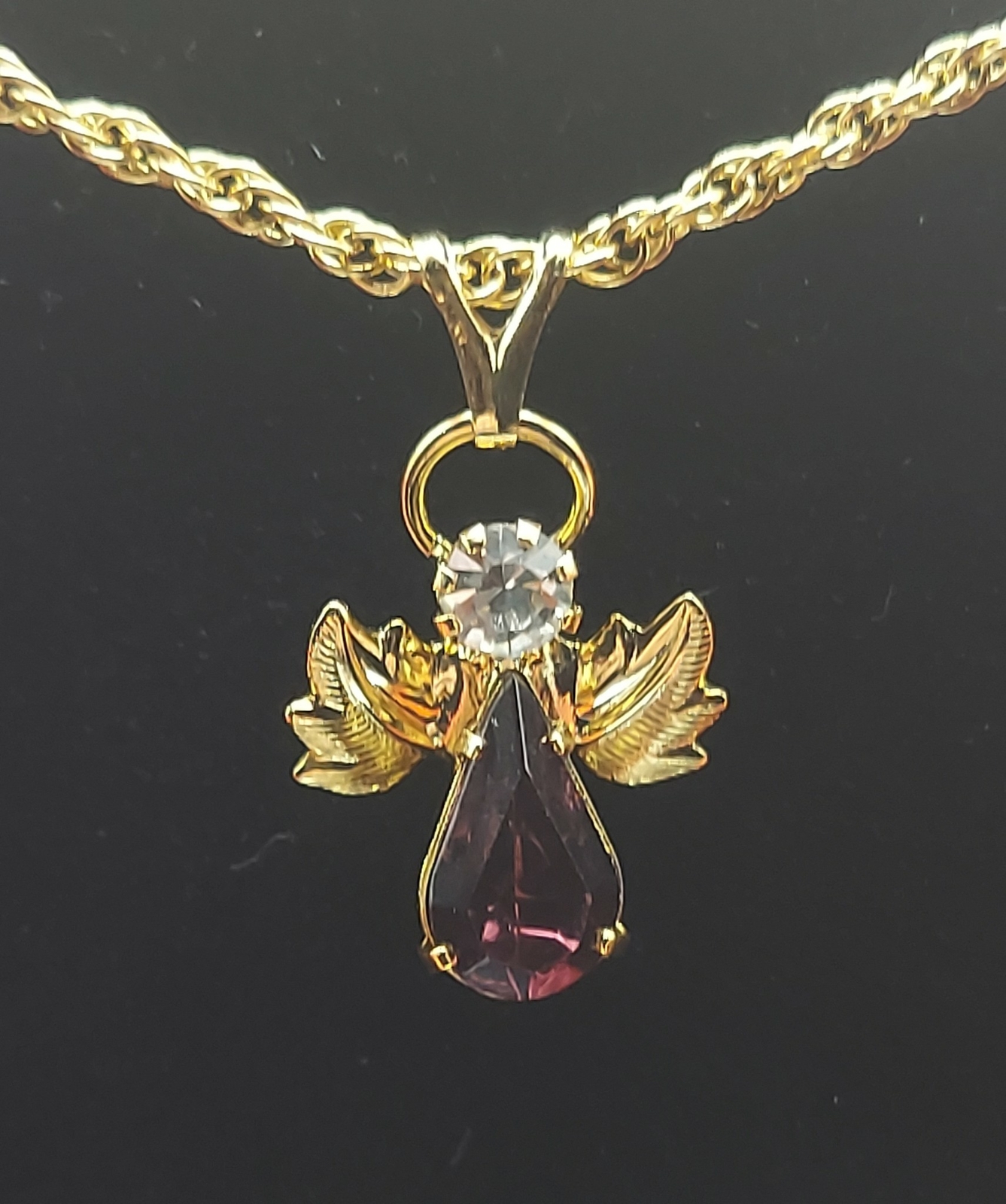 14 KT GOLD EP BIRTHSTONE FEBRUARY PURPLE CRYSTAL ANGEL CHARM W/18″ ROPE CHAIN