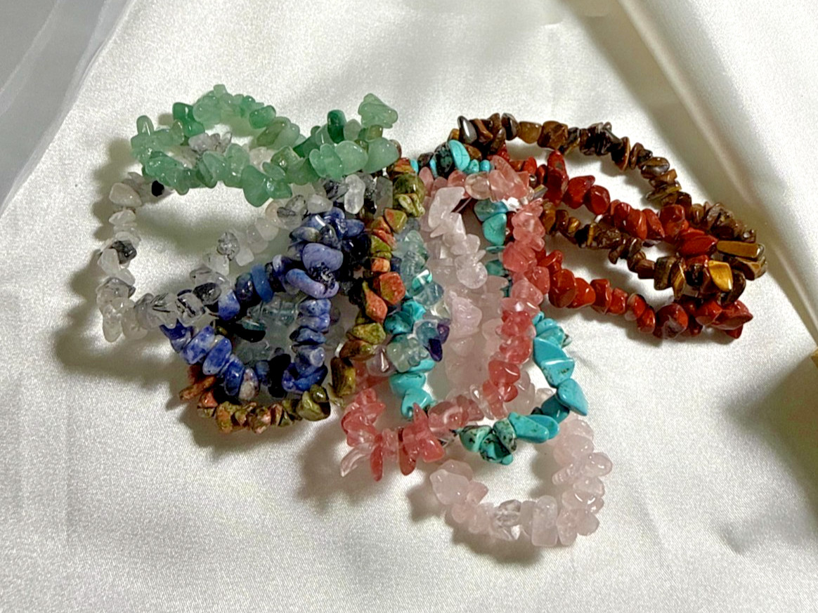 Mixed Lot 10 Pcs Gemstone Chip Bracelets 7.5″ Elastic Natural Stone Set NWOT