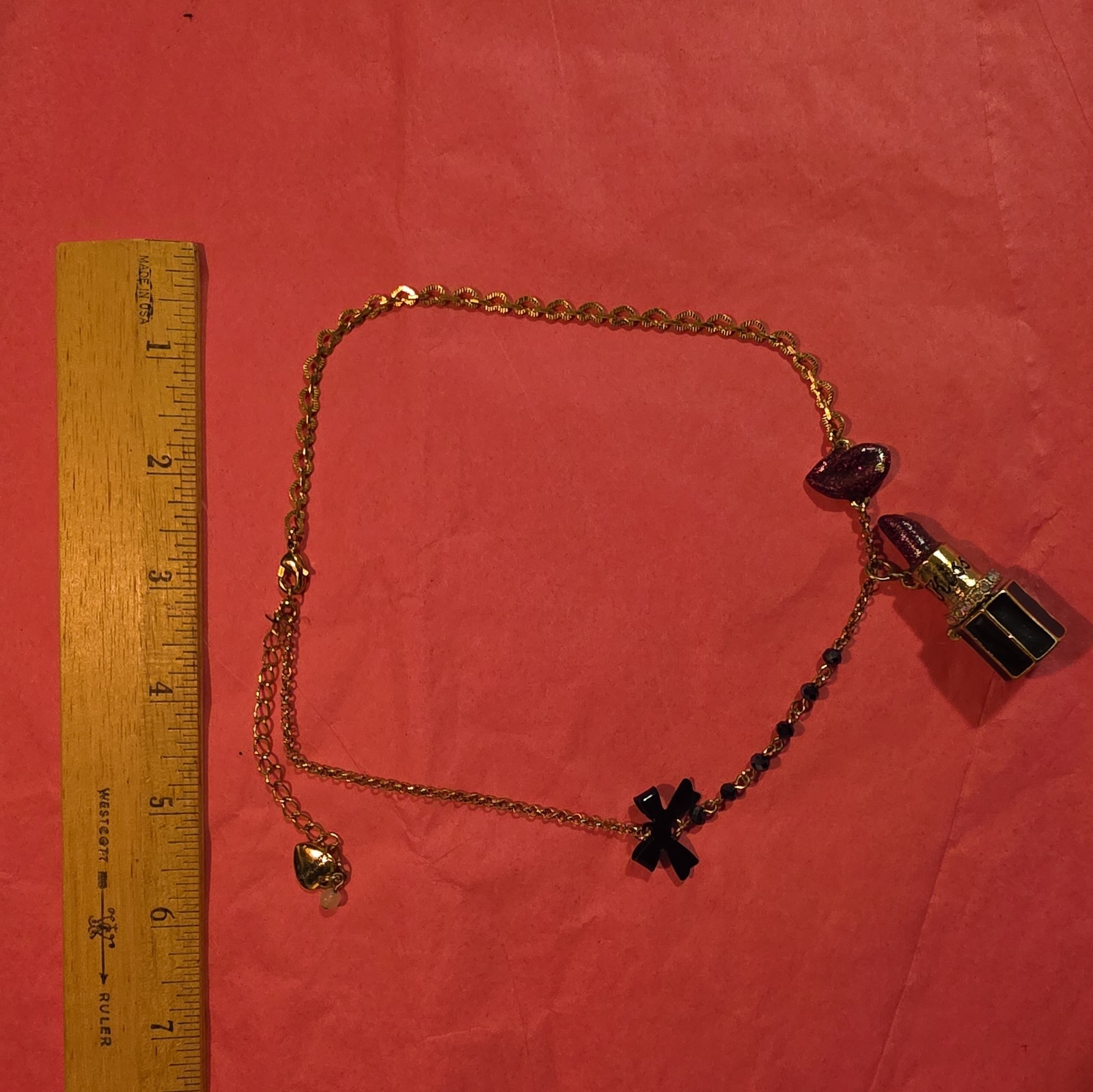 Betsey Johnson Lipstick Glitter Enamel Charm Retired Kiss Me Necklace Gold Tone