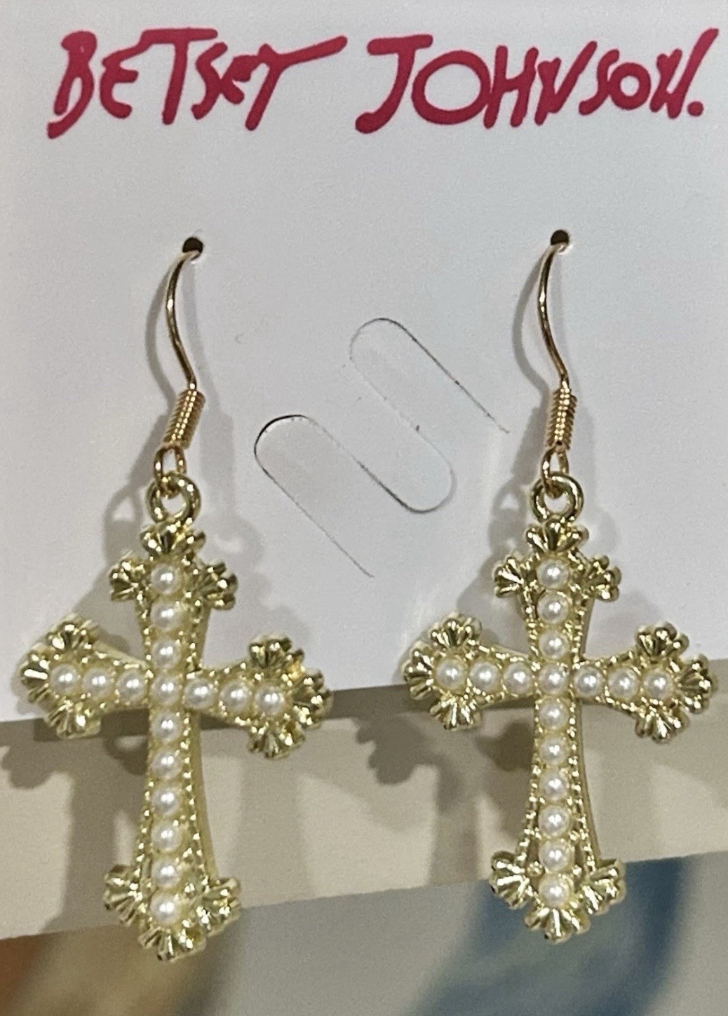 Betsey Johnson Yellow Enamel Crystal Pearl Crucifix Cross Dangle Earrings NWT