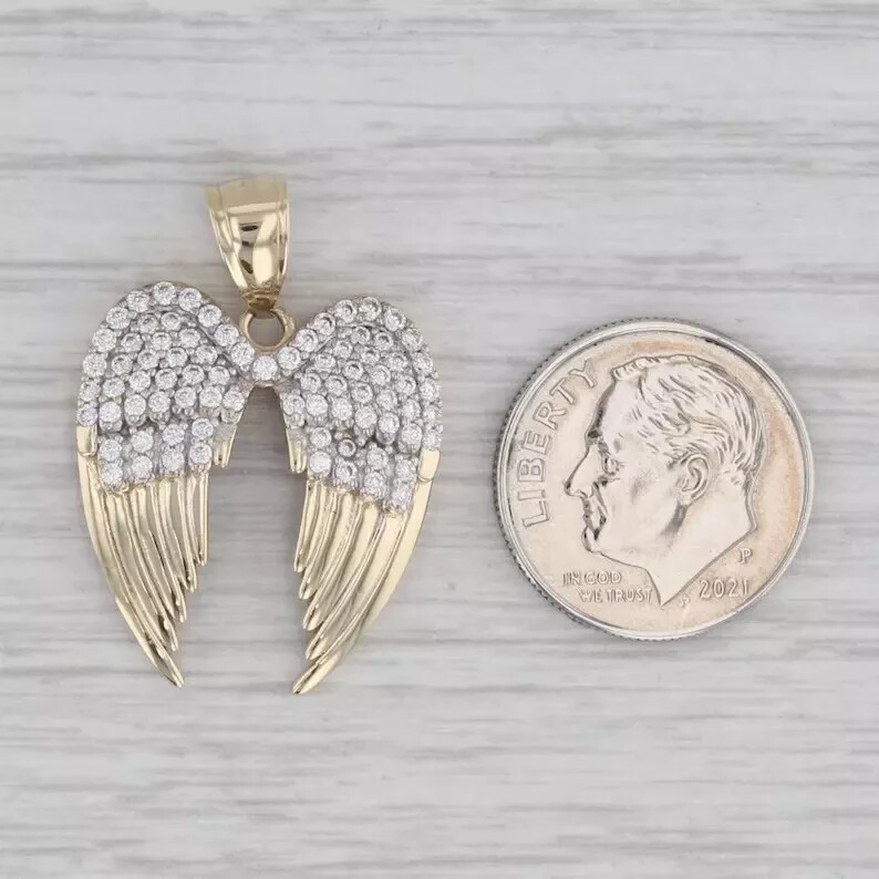 Round Cut Simulated Diamond Angel Wing Pendant Free Chain 14k Yellow Gold Plated