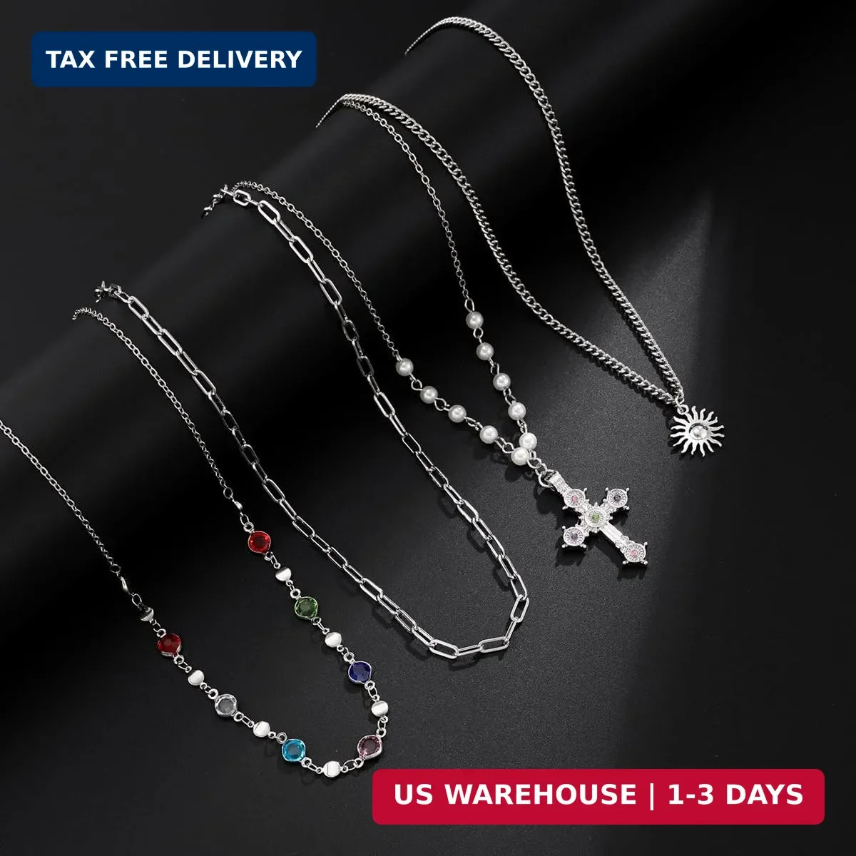 MODRSA Gold Stacked Layered Necklaces for Women Pearl Pendant Charm Cross Lariat