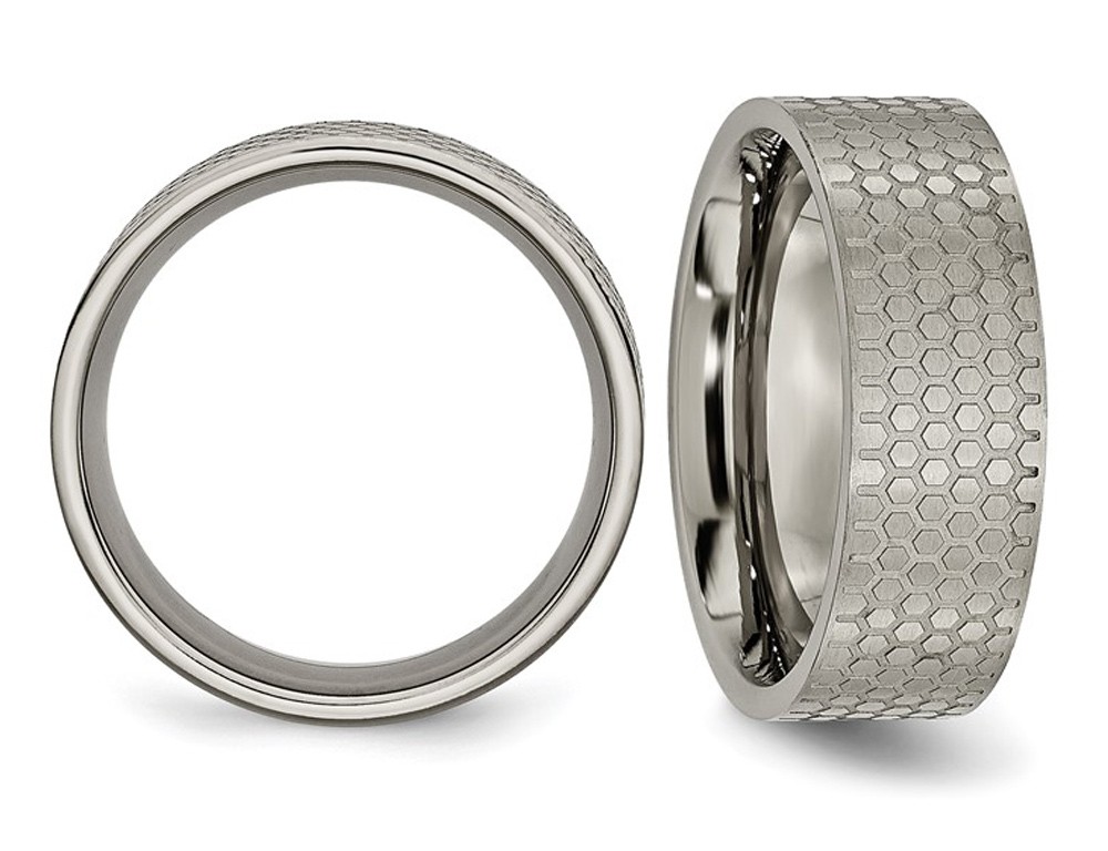 Mens Titanium Pattern Brushed Flat Band Ring 8mm