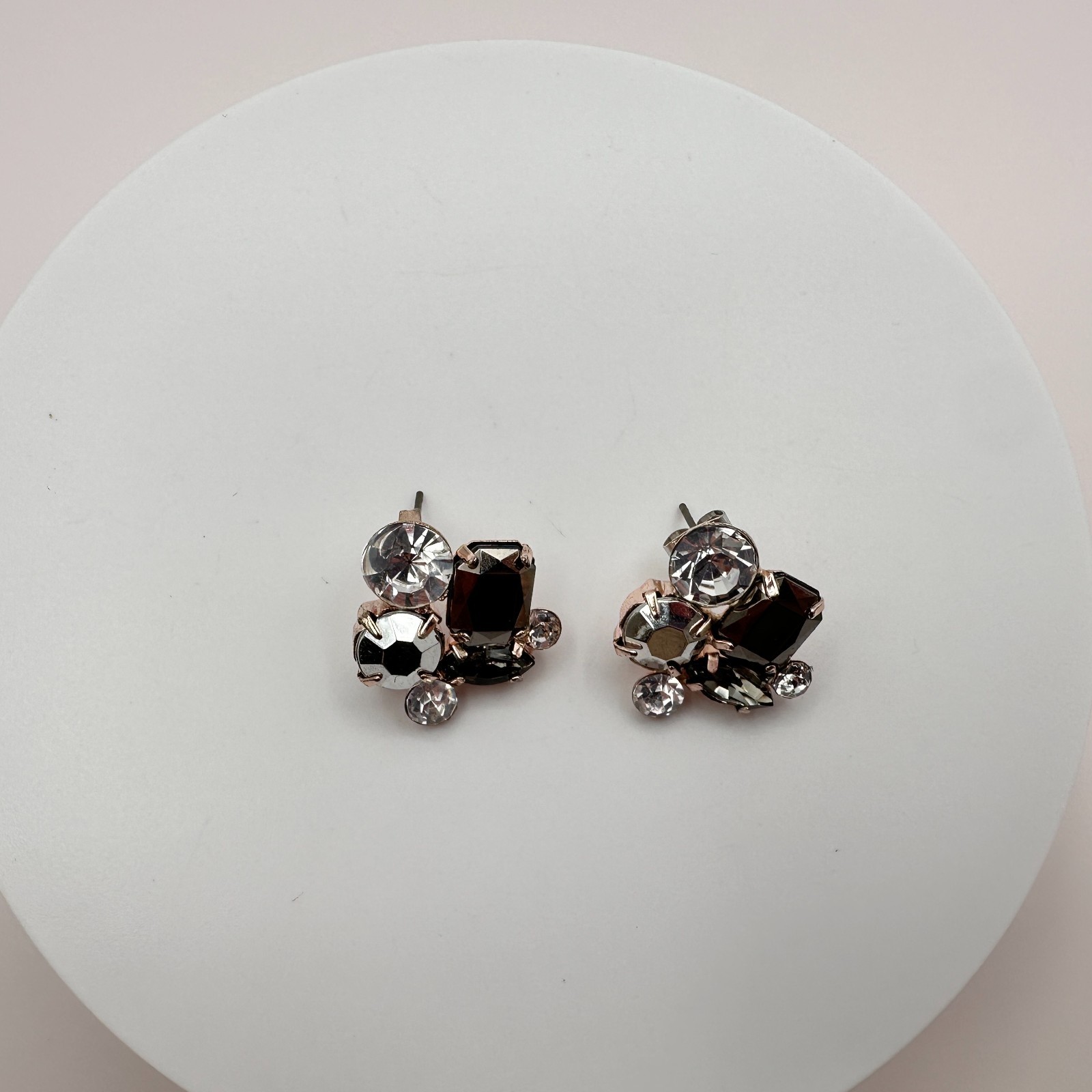 Vintage 80s Smoky Crystal Cluster Stud Earring Rose Gold Tone Statement Jewelry