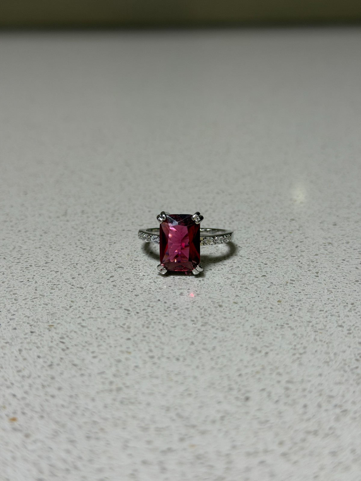 Emerald Shape Red Gemstone Ring With Side Stones Size 11