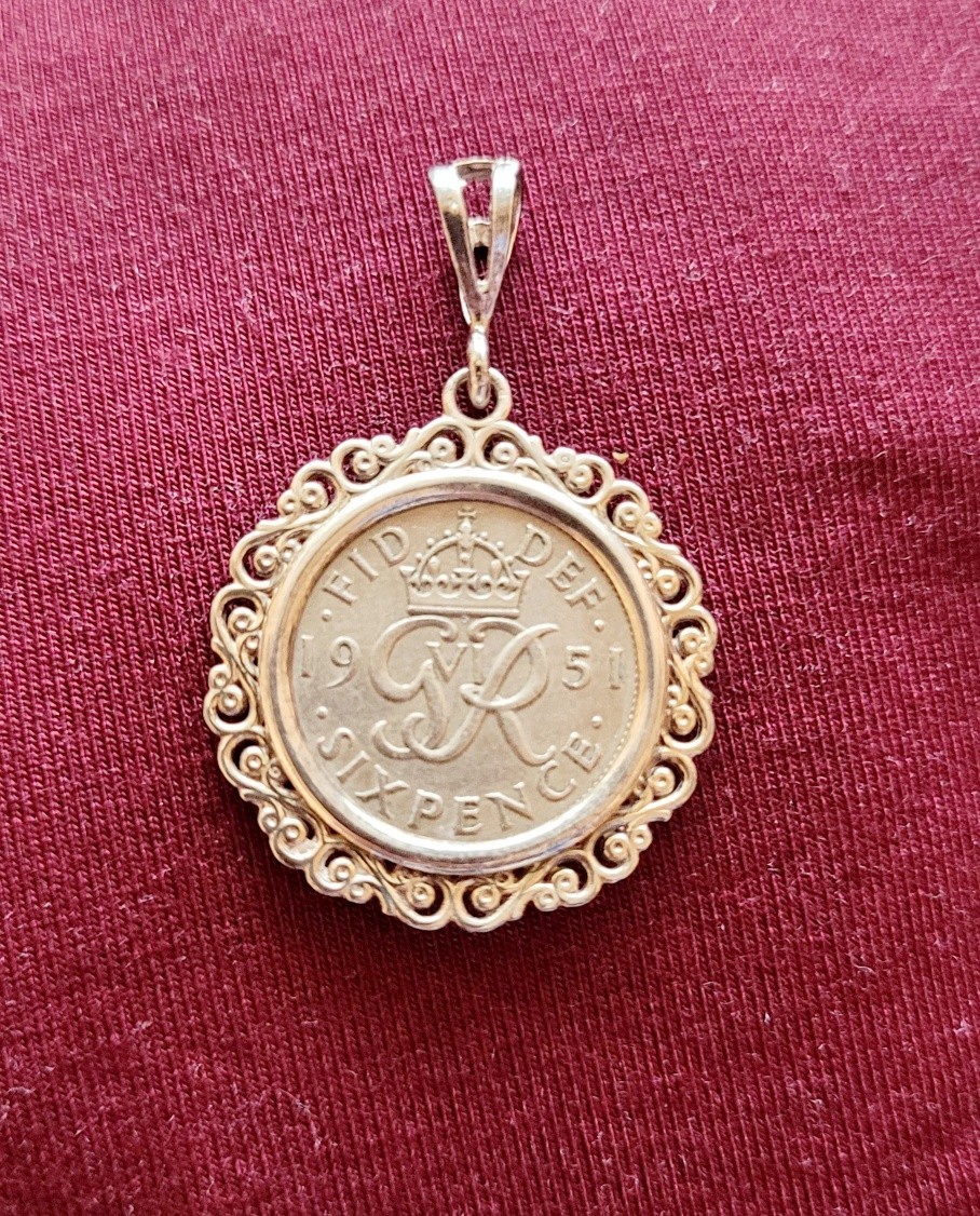 LUCKY SIXPENCE COIN 1951 Solid 925 SILVER PENDANT NECKLACE 75 Birthday George 6