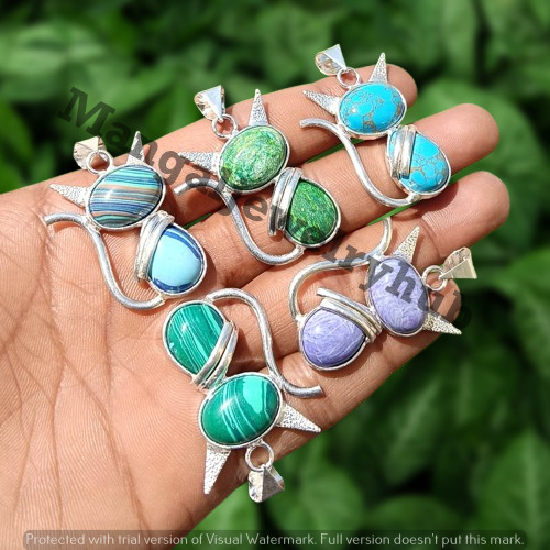 Malachite & Mix Gemstone 5PCS Cat Pendants 925 Silver Plated Wholesale Jewelry