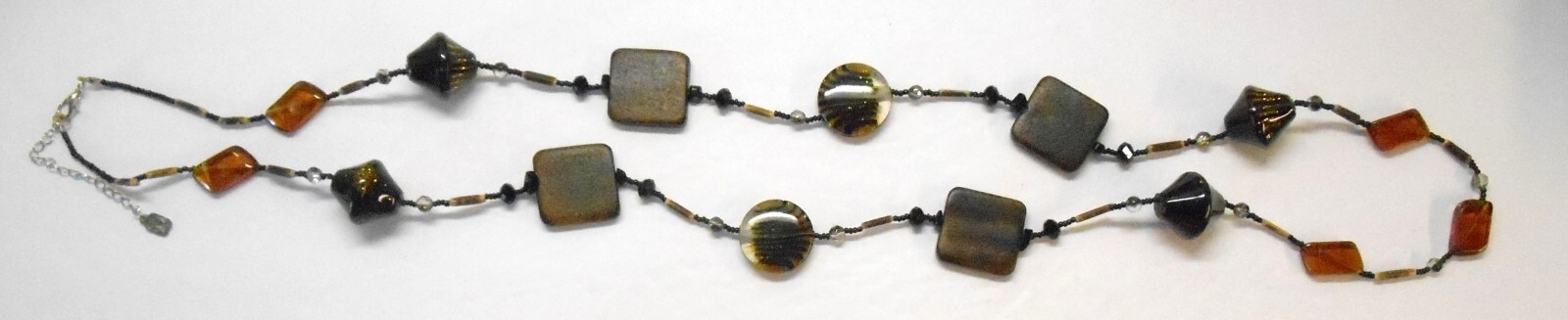 Yousi Long Necklace Large Black, Brown and Amber Beads Adj Length 22 or 24″