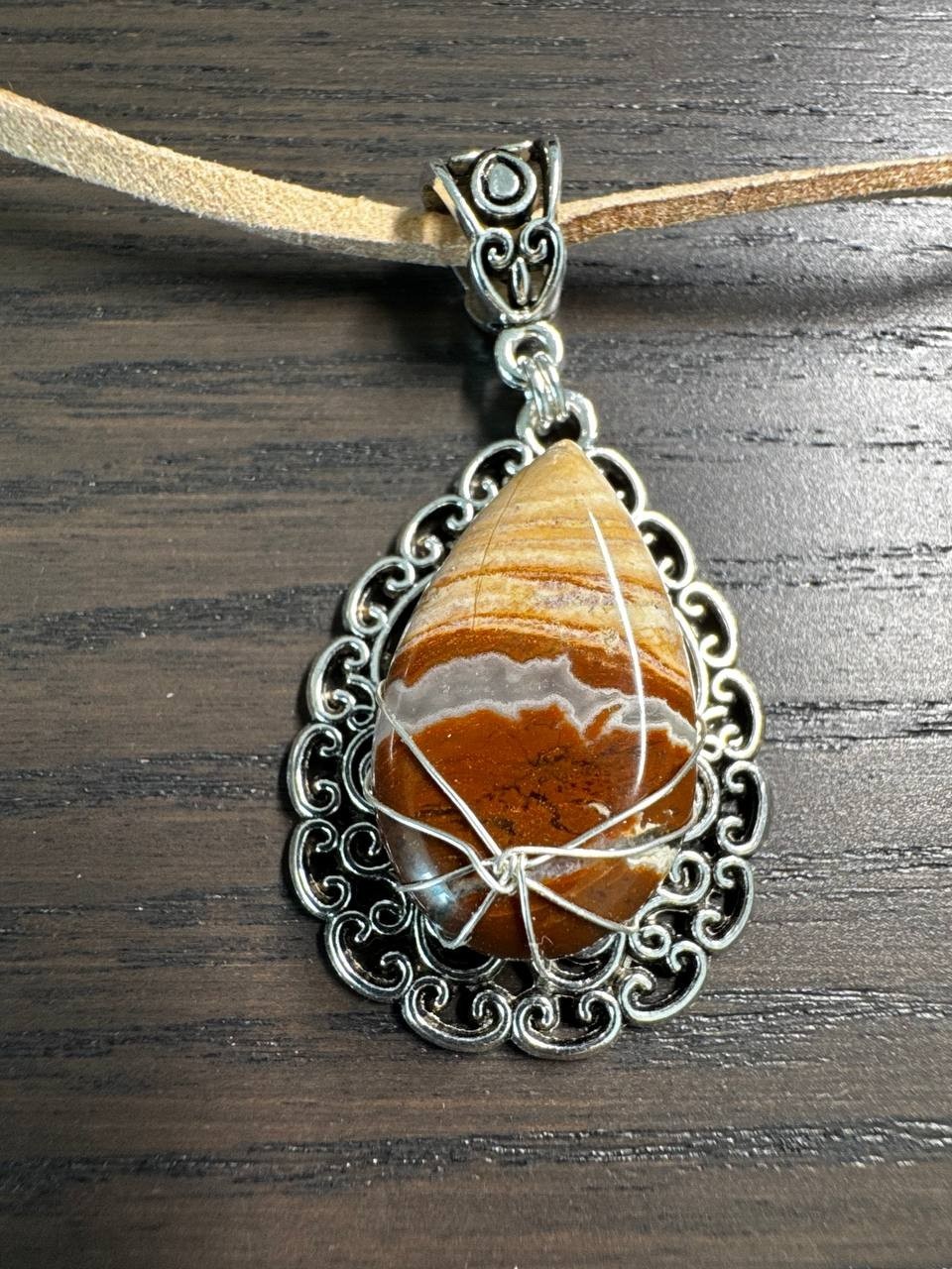 Handmade Banded Agate Necklace Wire Wrapped Natural Stone Pendant
