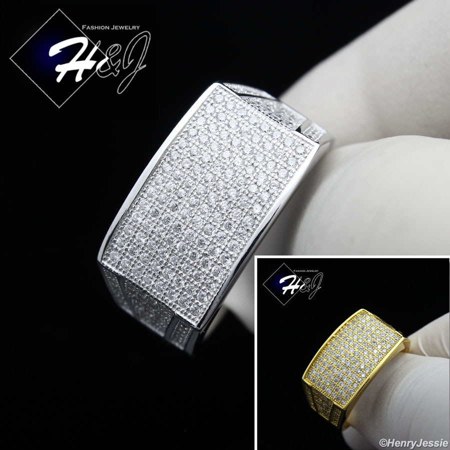 MEN SOLID 925 STERLING SILVER ICY BLING CZ 3D RECTANGLE SILVER RING*SR1