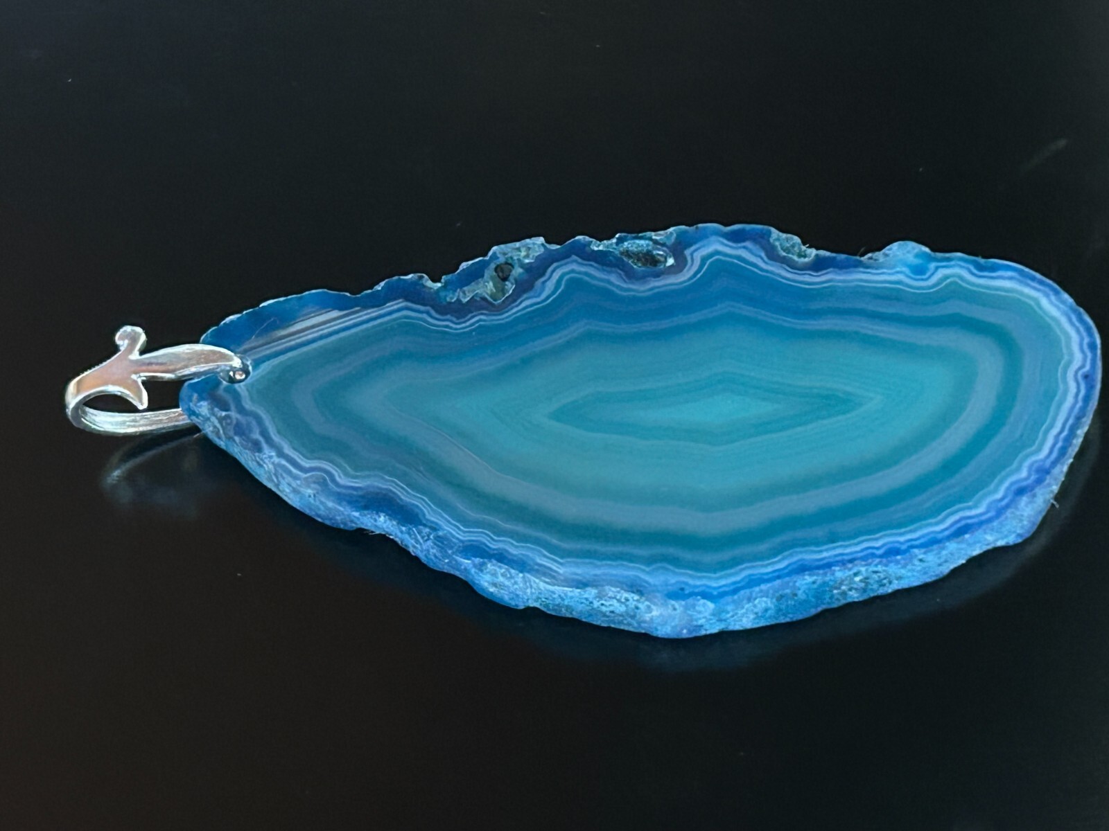Brazilian Blue Slice Oblong Agate Pendant 2 1/2″x 1 1/2″ Silver tone bale