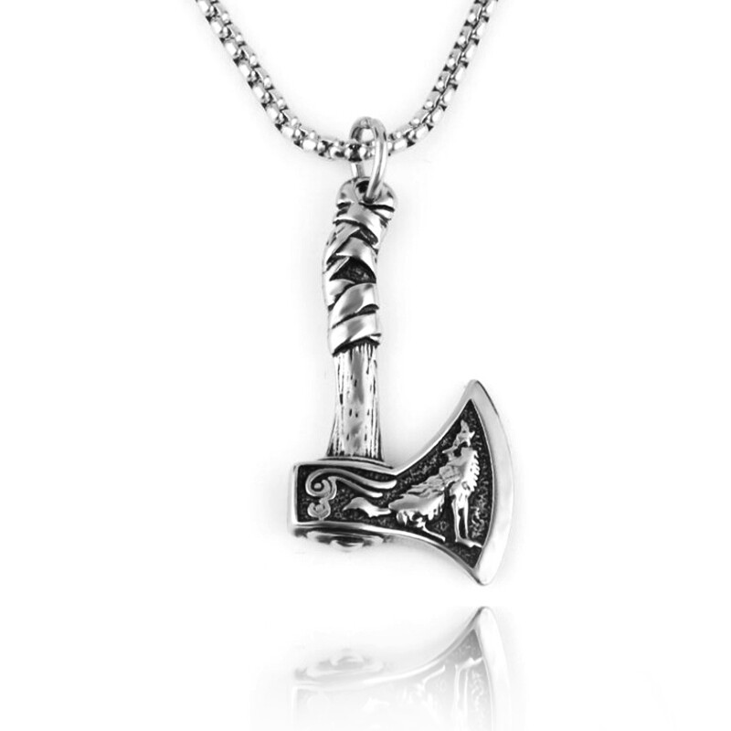 Mens Viking Raven Axe Wolf Pendant Necklace Stainless Steel Luxury Chain DEZILOO