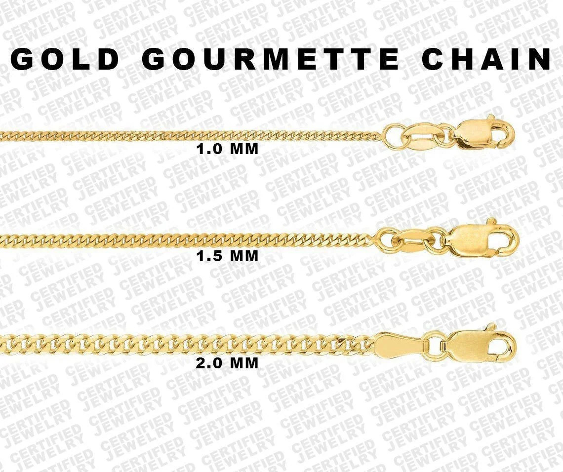 Solid 10K Yellow Gold Gourmette Chain Necklace, 1.0mm TO 2.0mm Wide