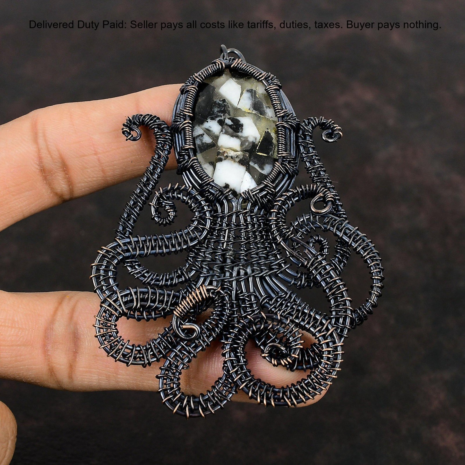 Copper Black And White Turquoise Gemstone Wire Wrap Wife Pendant Jewelry Copper
