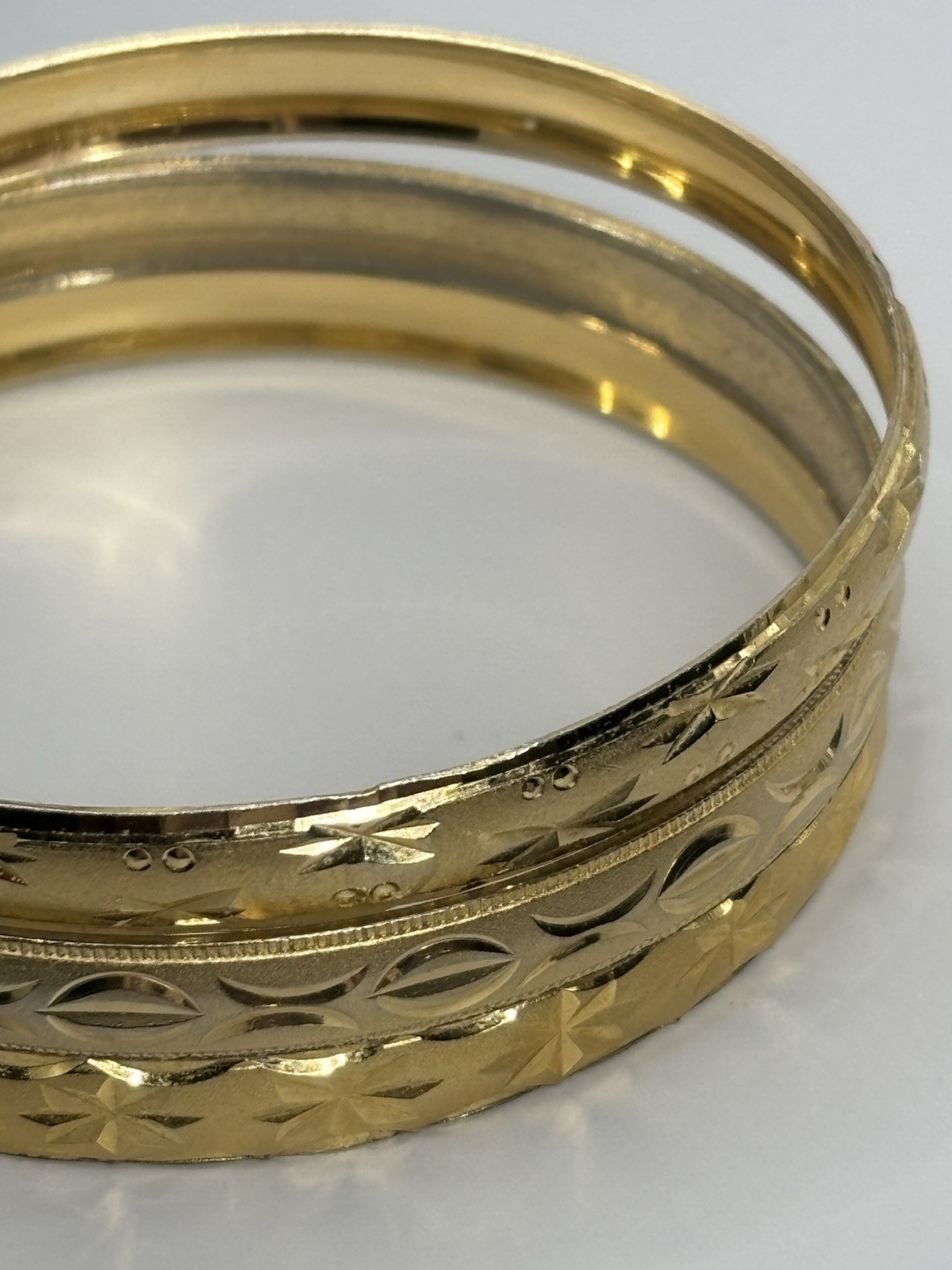 Bangle Bracelets Gold Tone Etched Starburst Diamond Cut Design 7.5” Stackable