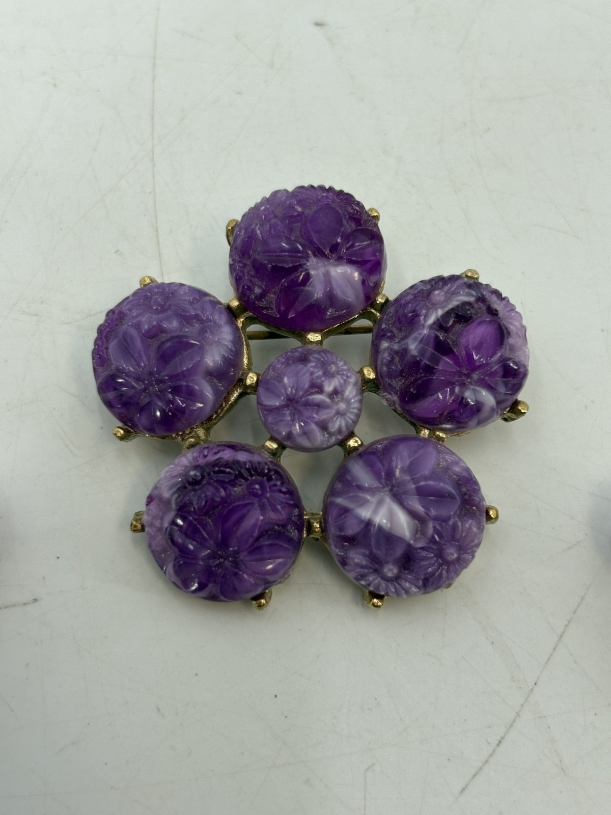 VTG Gold Tone Costume Jewelry Set Earrings Purple Stone Womens Brooch Pin
