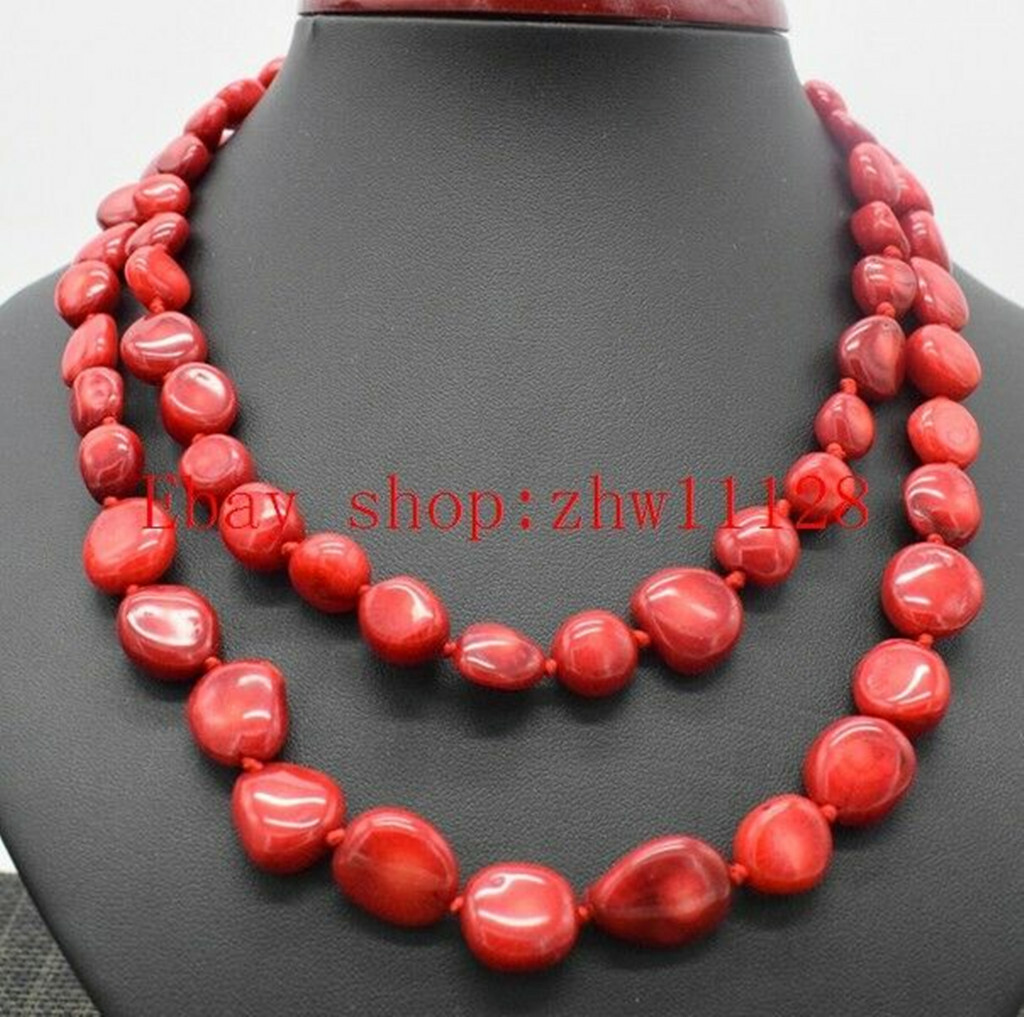 Fashion Natural 8-10mm Irregular Red Coral Gemstone Necklace 36″