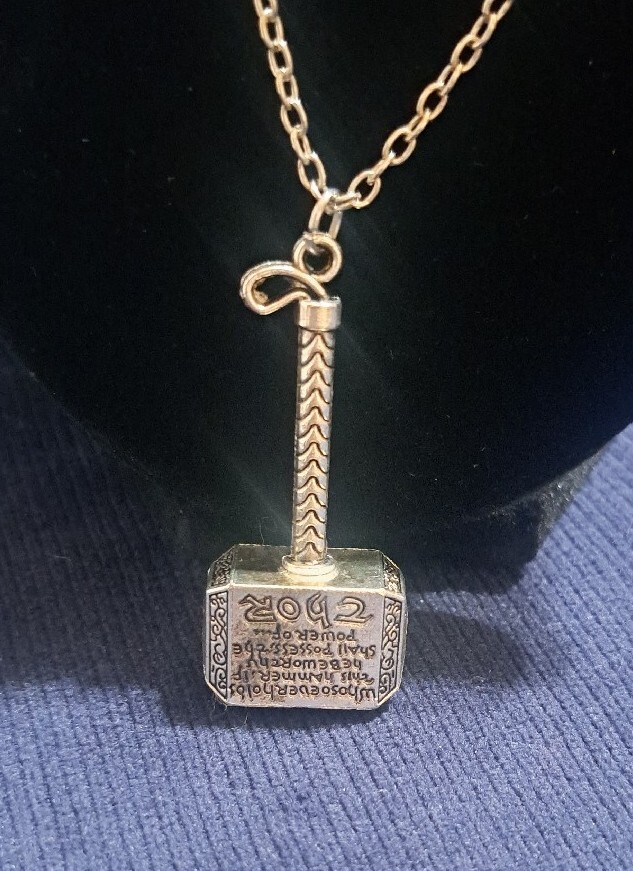 Silvertone Superhero Comic Thor Hammer Pendant Medium Length 19in