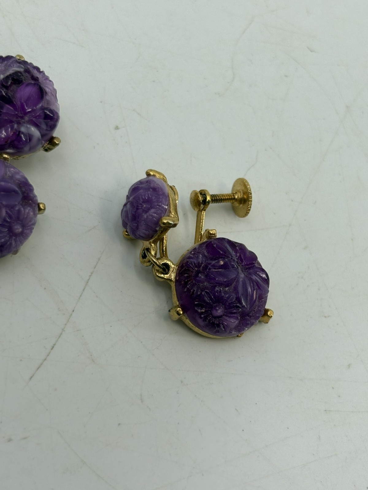 VTG Gold Tone Costume Jewelry Set Earrings Purple Stone Womens Brooch Pin