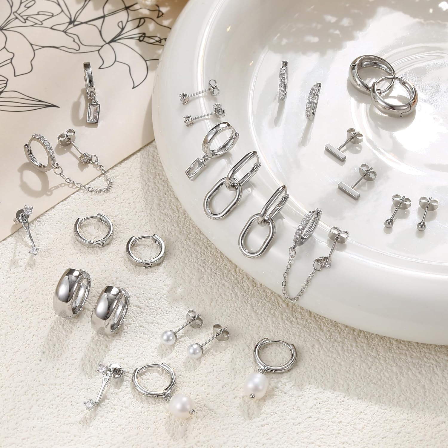 13 Pairs Small Stud Hoop Earrings Set for Women Hypoallergenic Gold Plated Huggi