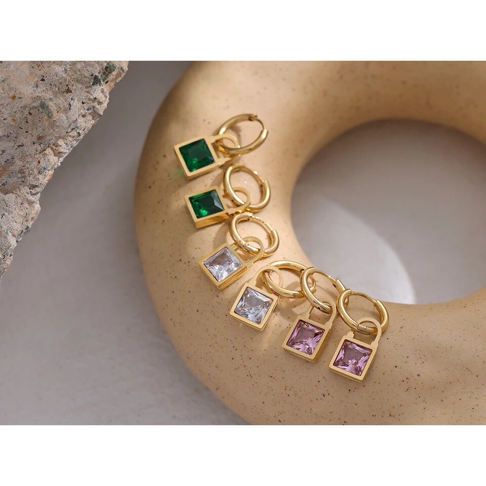 18K Gold Plated Square Cubic Zirconia Crystal Dangle Drop Earrings Huggie E10