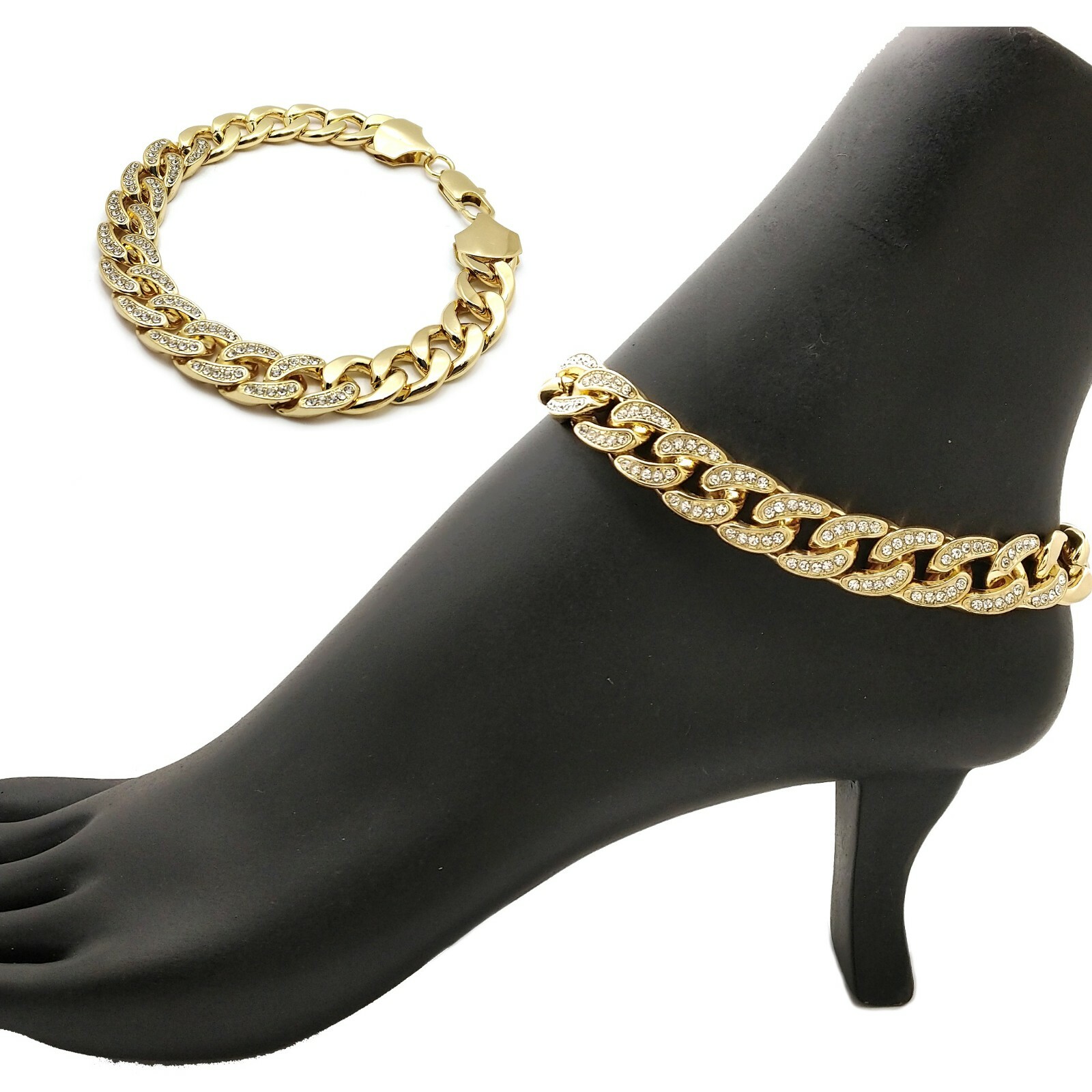 HIP HOP 12mm 10″ 11″ 12″ ICED GOLD PT MIAMI CUBAN BOX LOCK CHAIN BRACELET ANKLET