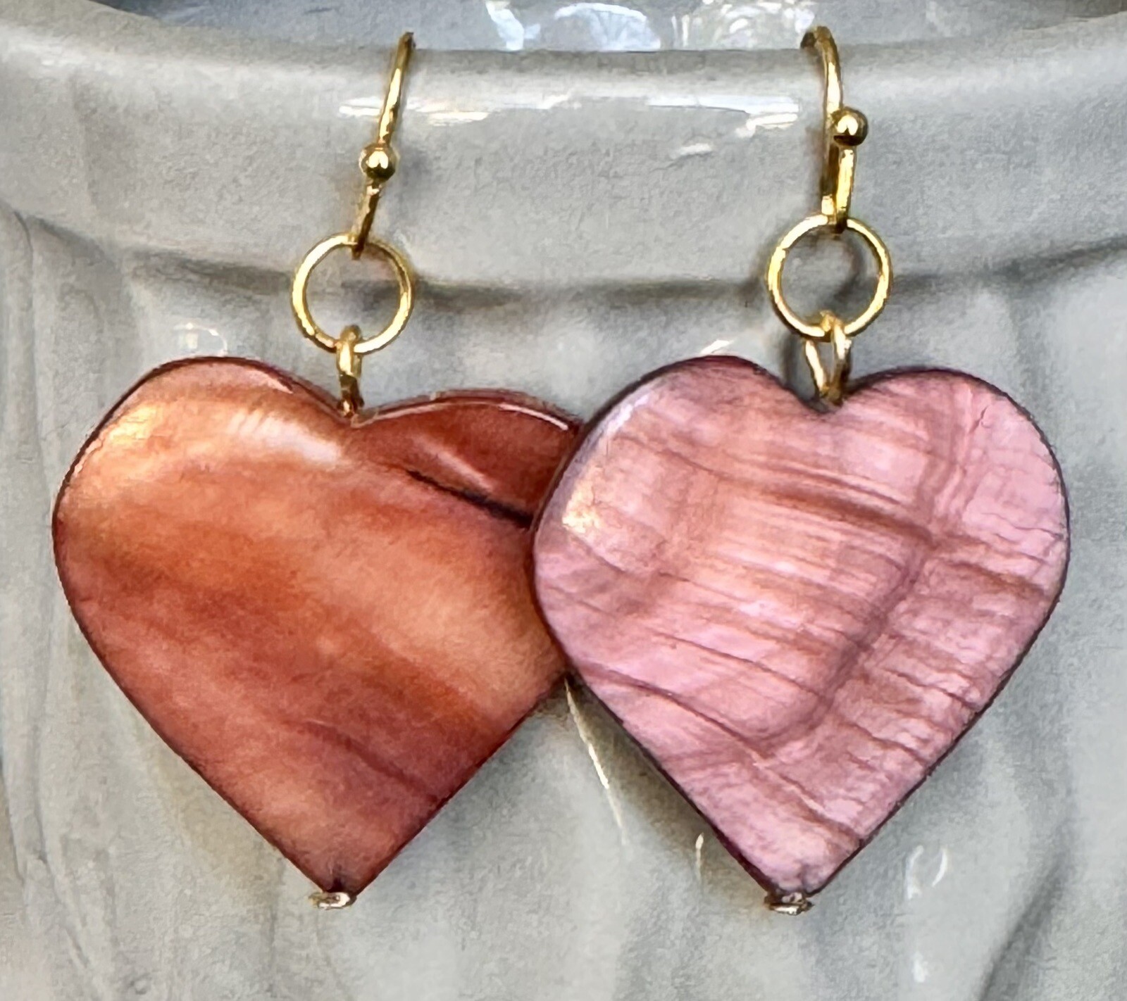 Beautiful Gold with Pink Shell Heart Earrings. Love.