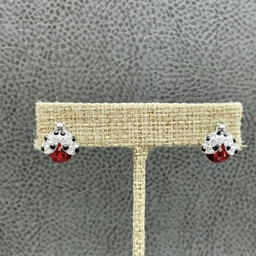 Ladybug Daisy Necklace Earrings Set Silver Tone Red Rhinestone Nature Womens