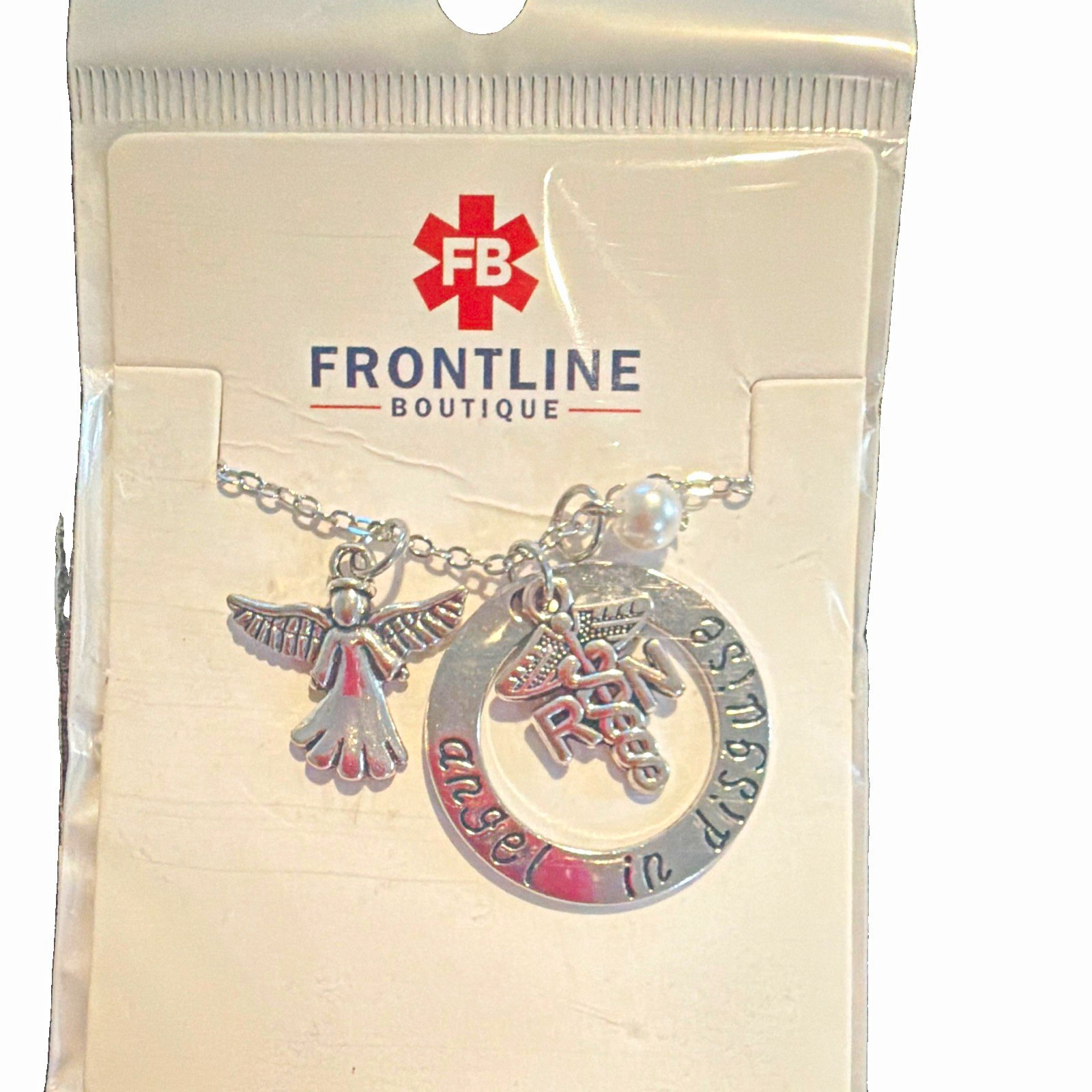 Frontline Boutique Angel Charm Pendant Necklace White Pearl Silver Cable Chain
