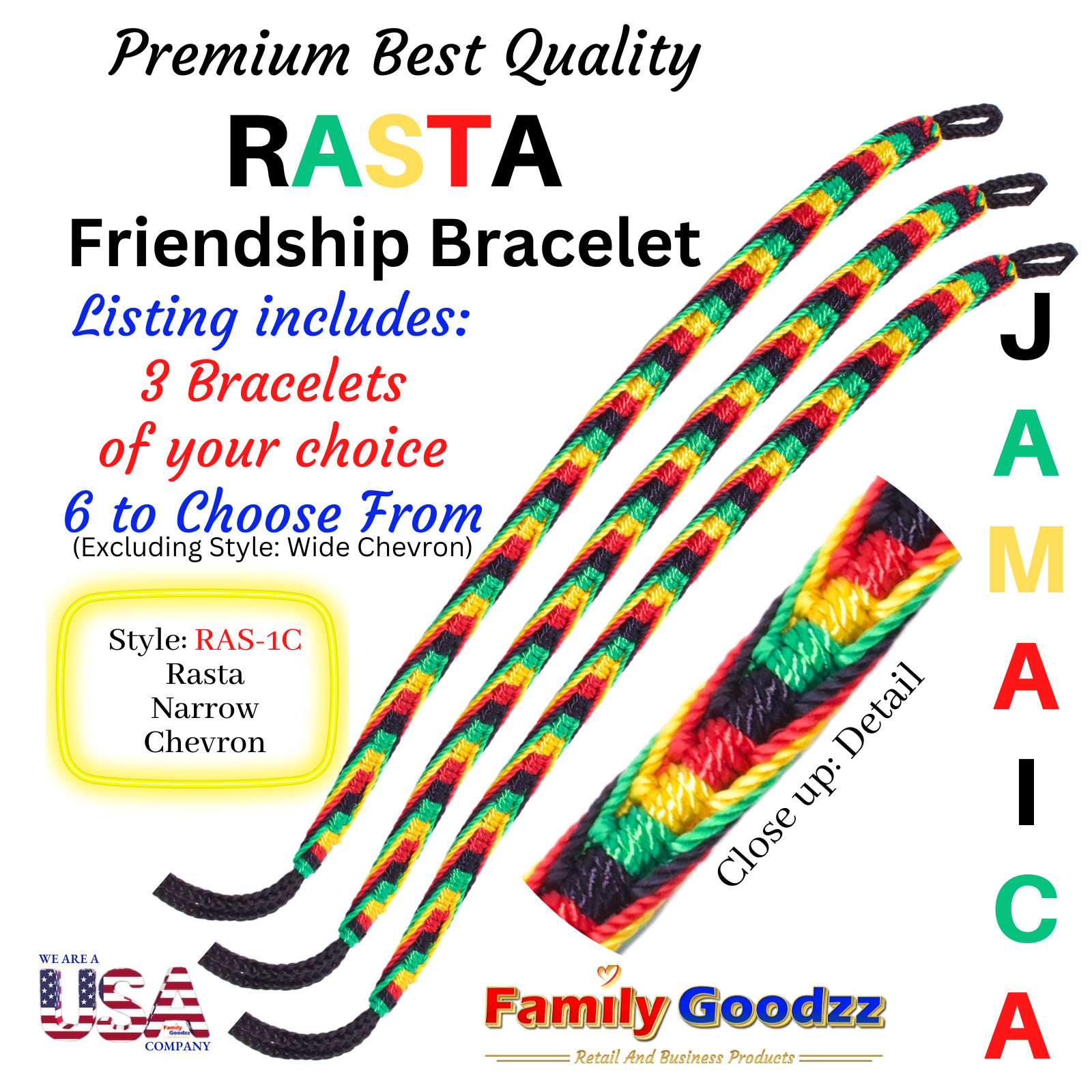🌈 Threaded Hand Woven Rainbow Friendship Bracelet Bob Marley Rasta, USA (3 pcs)