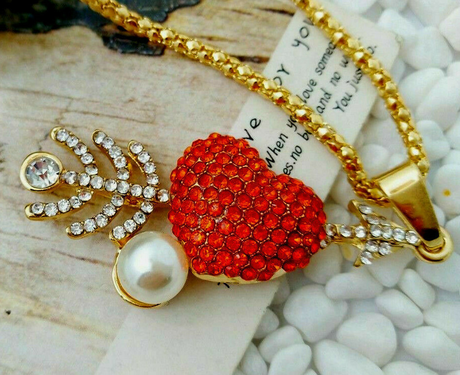 3D CUPID Arrow VALENTINE HEART Rhinestone Retro LOVE Necklace Red