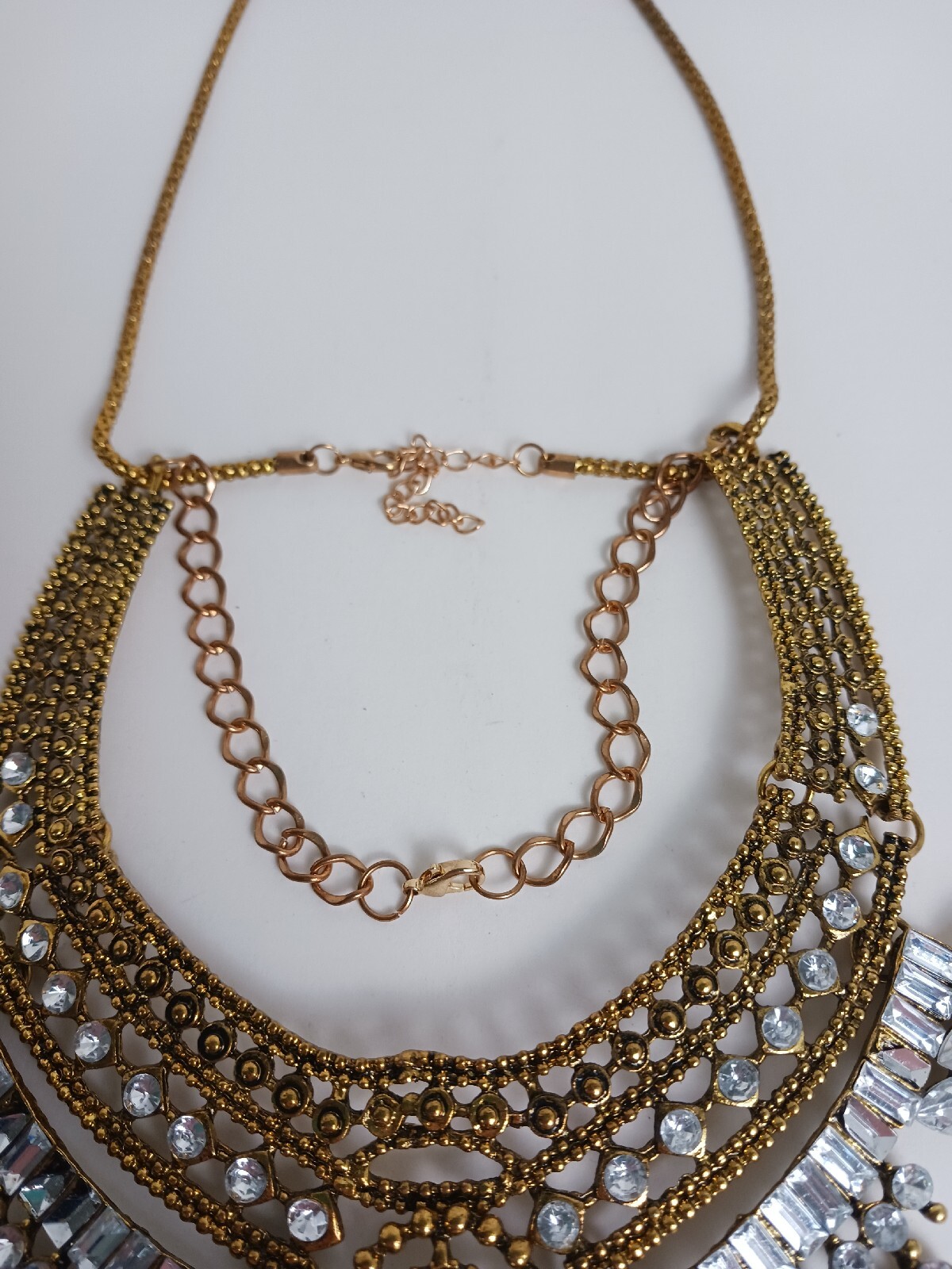 Gorgeous Brass Tone Statement Necklace Faux Pearl And Cubic Zirconia Chocker