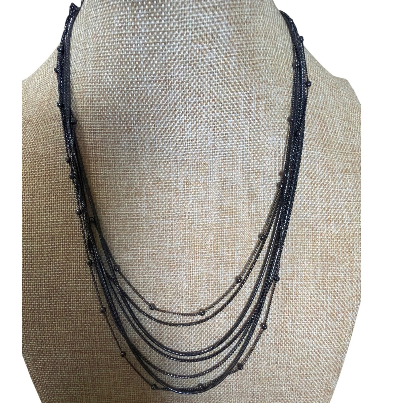 Gunmetal Multi Strand Layered Necklace Beaded Snake Chain Dark Metallic