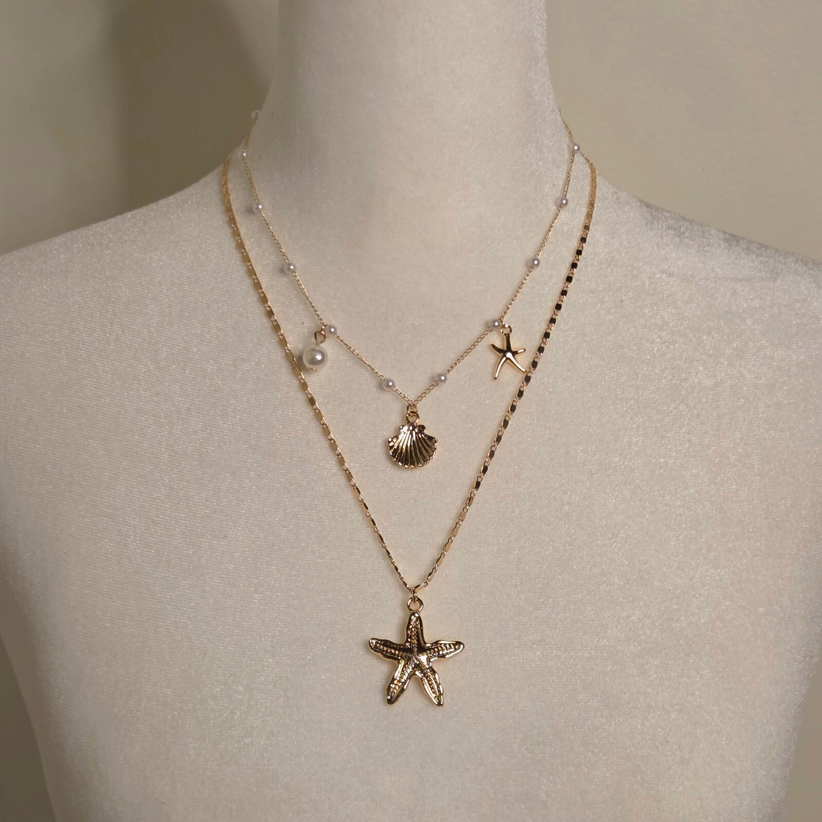 Gold Mermaid Beach Layered Necklace Set w/ Starfish Seashell & Pearl Charms