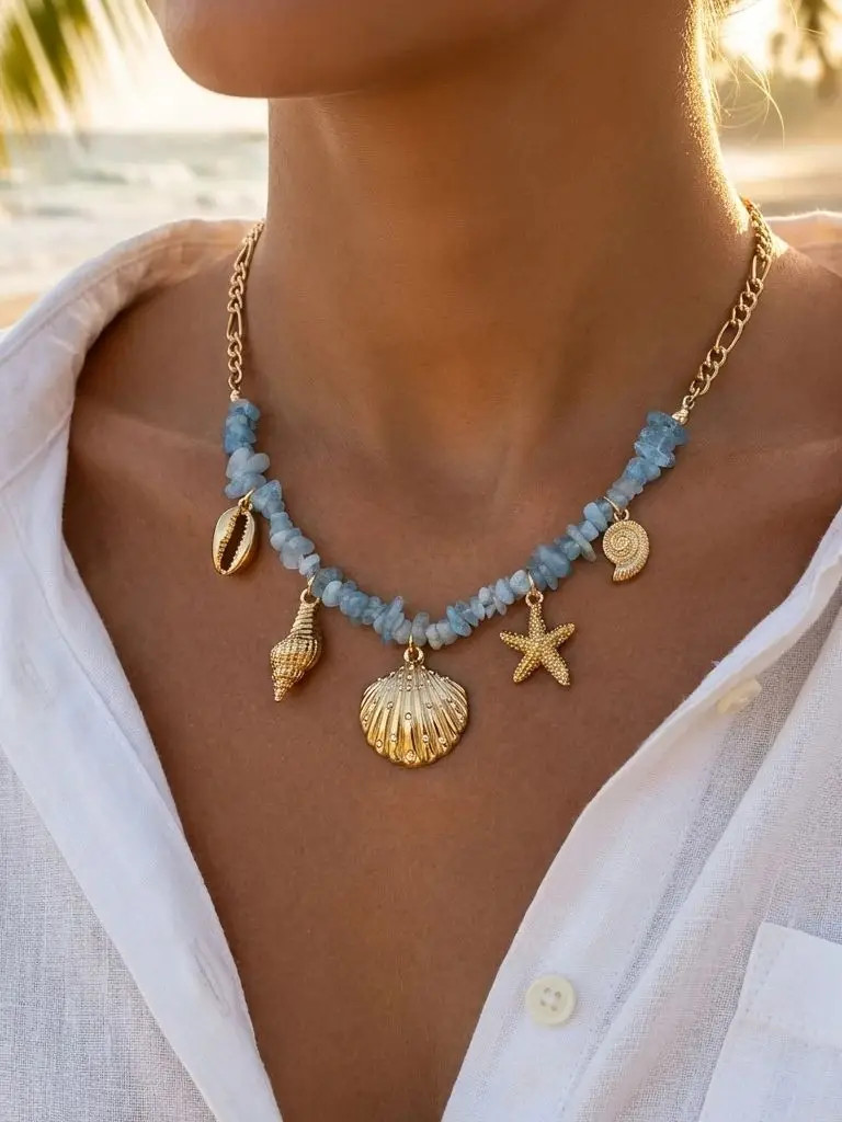 Light Blue Shell Starfish Conch Pendant Necklace for Women Summer Vacation Style