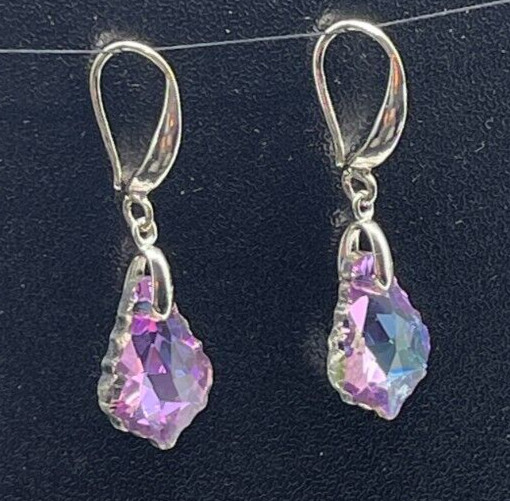 Earrings. Silver Tone with Pinkish Purple Reflective Crystal. Hook. 1″ drop