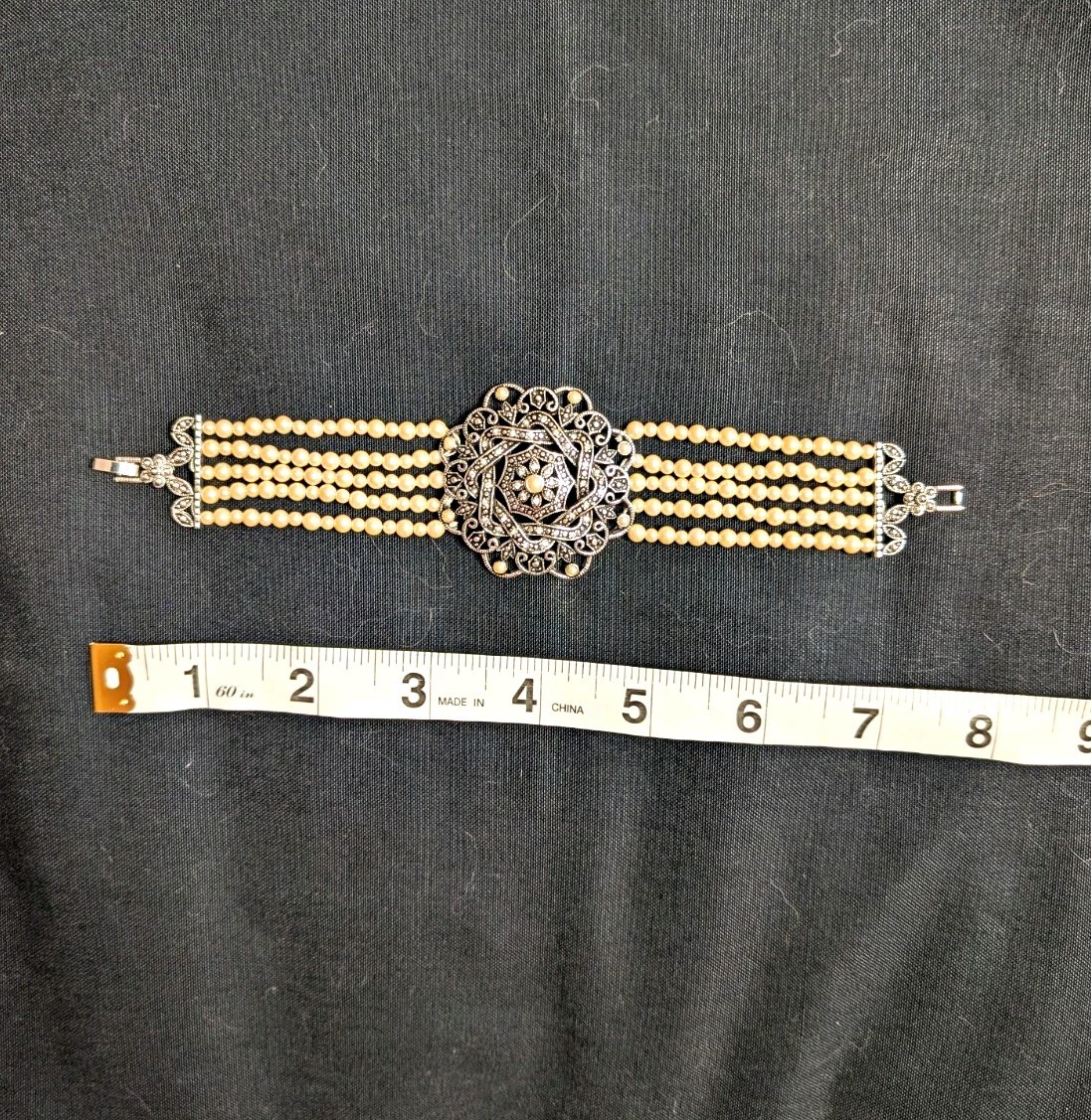 Vintage Multi-Strand Ivory Simulated Pearl Beaded Bracelet Silver Tone Box Clasp